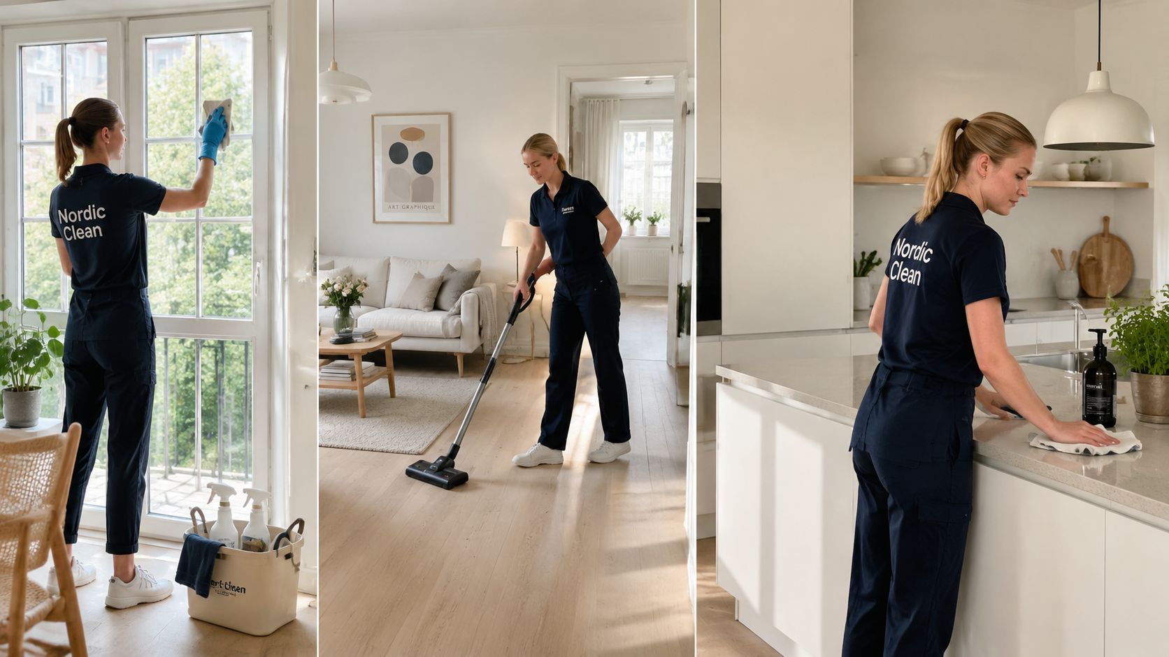 En professionel rengøringsmedarbejder fra Nordic Clean udfører grundig rengøring i et lyst og moderne dansk hjem.