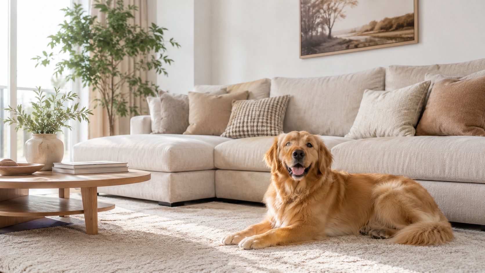 En glad golden retriever ligger på et lyst tæppe foran en behagelig sofa i en hyggelig stue.