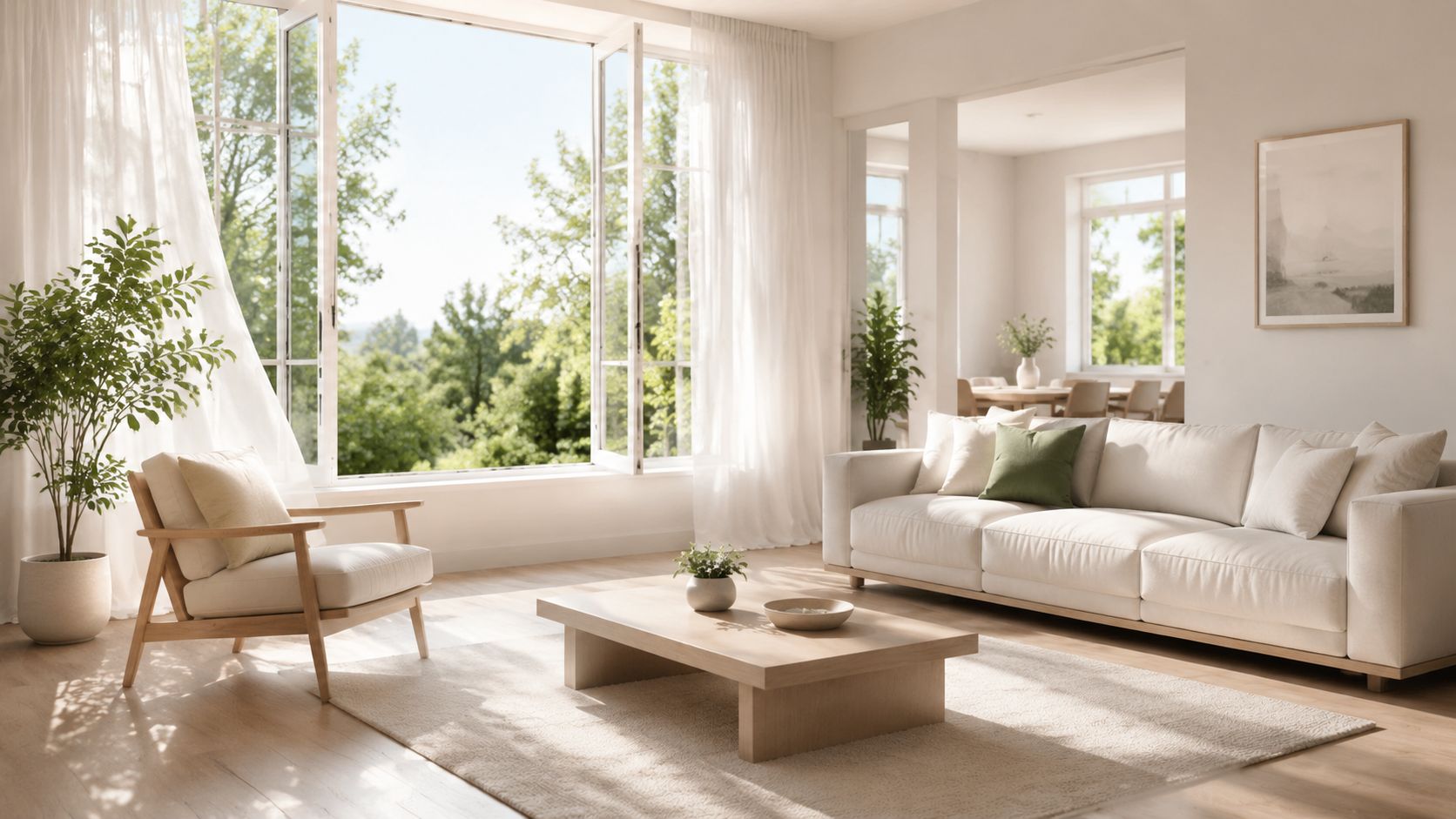 En lys og luftig stue med moderne møbler, hvid sofa, træbord og en stor åben altandør med udsigt.