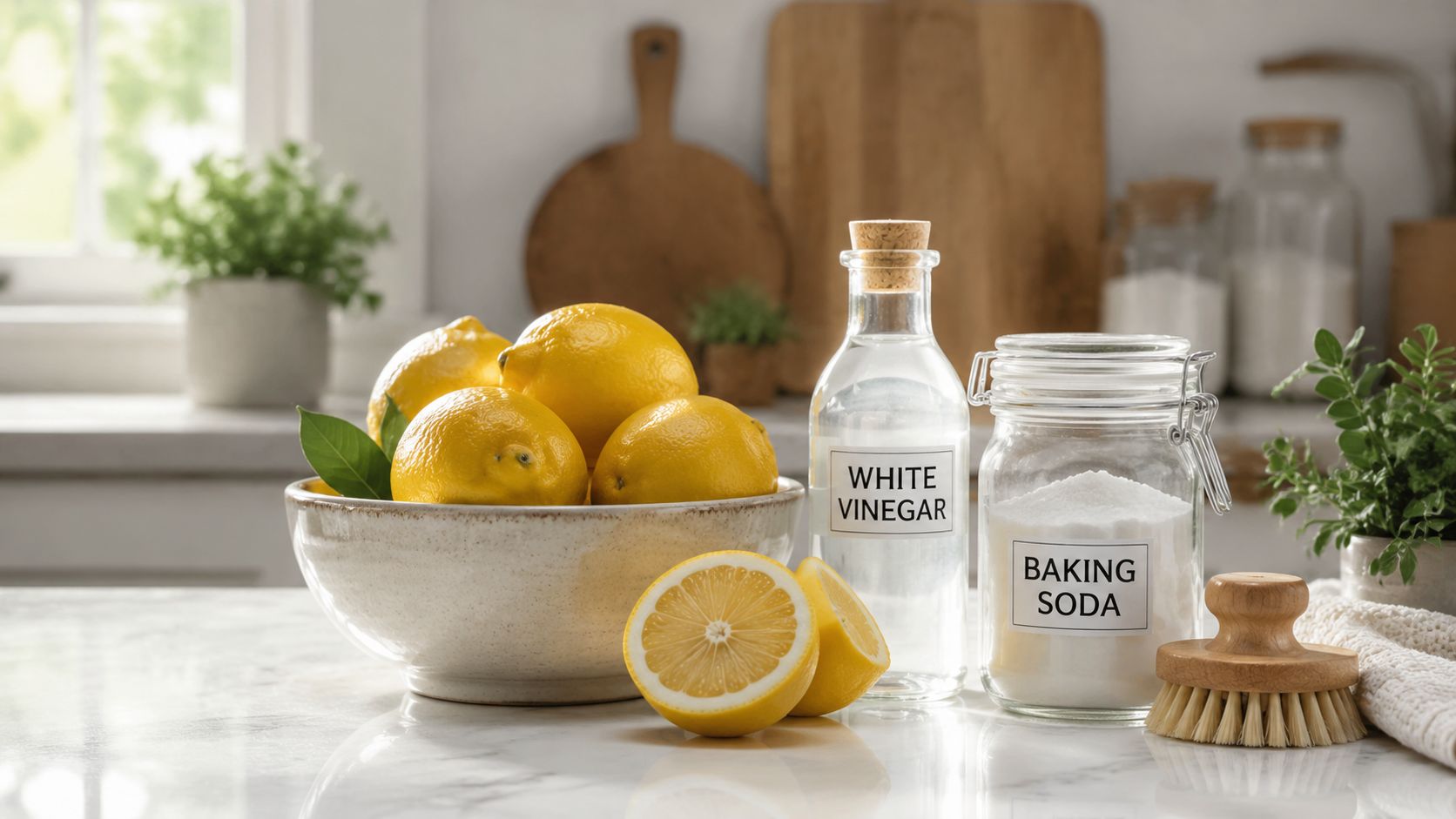 Naturlige rengøringsmidler som citroner, hvid eddike og natron opstillet på en køkkenbordplade til naturlig rengøring.