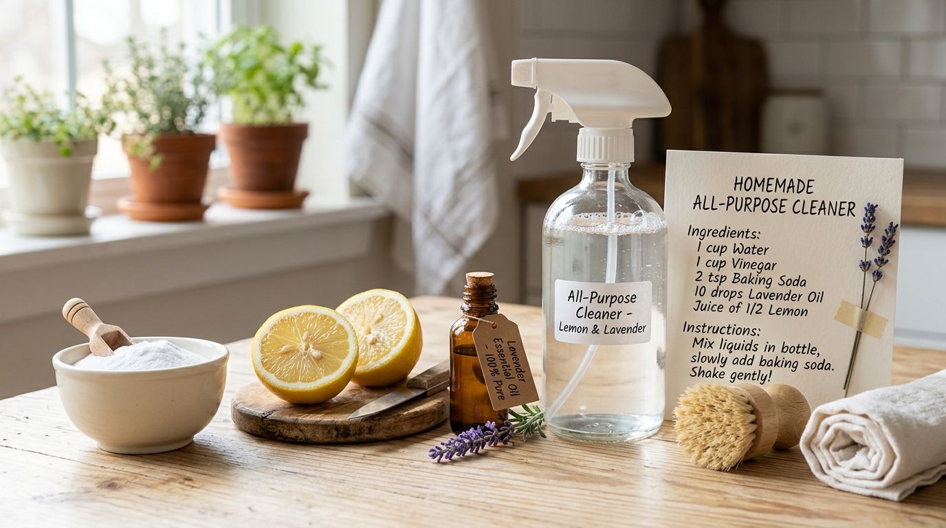 Hjemmelavet naturligt rengøringsmiddel med citron og lavendel står på et bord sammen med ingredienser til opskriften.