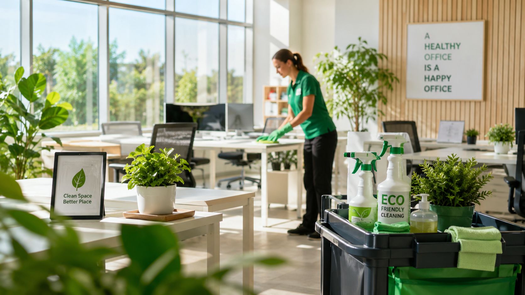 En professionel rengøringsassistent rengør skriveborde i et moderne og lyst kontorlandskab med fokus på miljøvenlige produkter.