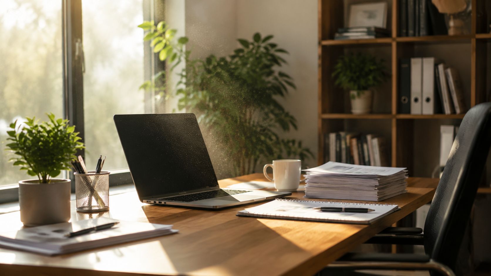 Et velorganiseret og moderne kontorskrivebord med bærbar computer, planter og sollys der skinner ind gennem vinduet.