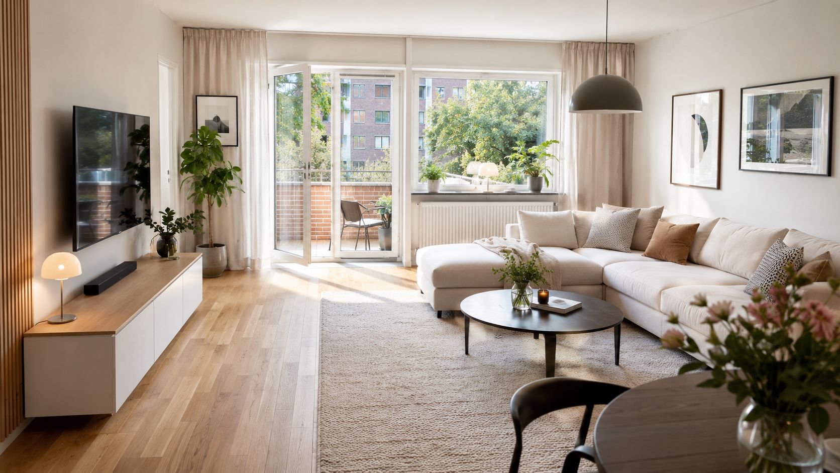 En stilfuld og moderne stue med beige sofa, trægulv og masser af naturligt lys fra altanen.