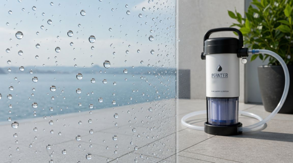 Bærbart vandfiltreringssystem til professionel vinduespudsning placeret på en terrasse med udsigt over havet.
