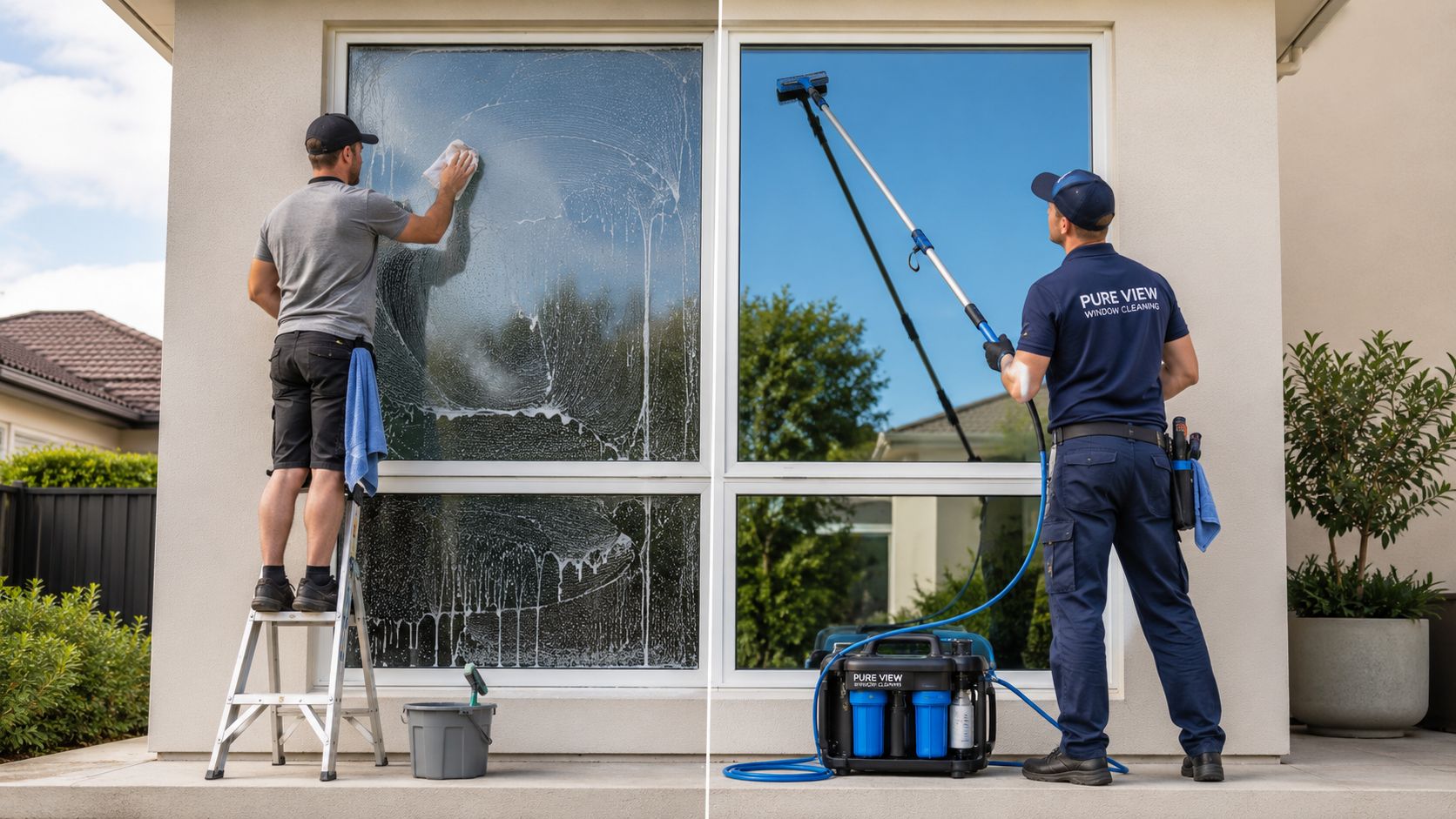 To vinduespudsere renser store ruder på et hus, den ene med stige og den anden med vaskesystem.