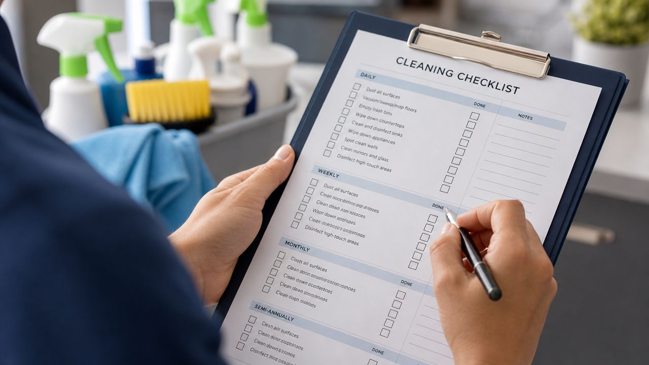 En person holder en rengøringstjekliste på et clipboard og markerer opgaver med en sort pen.