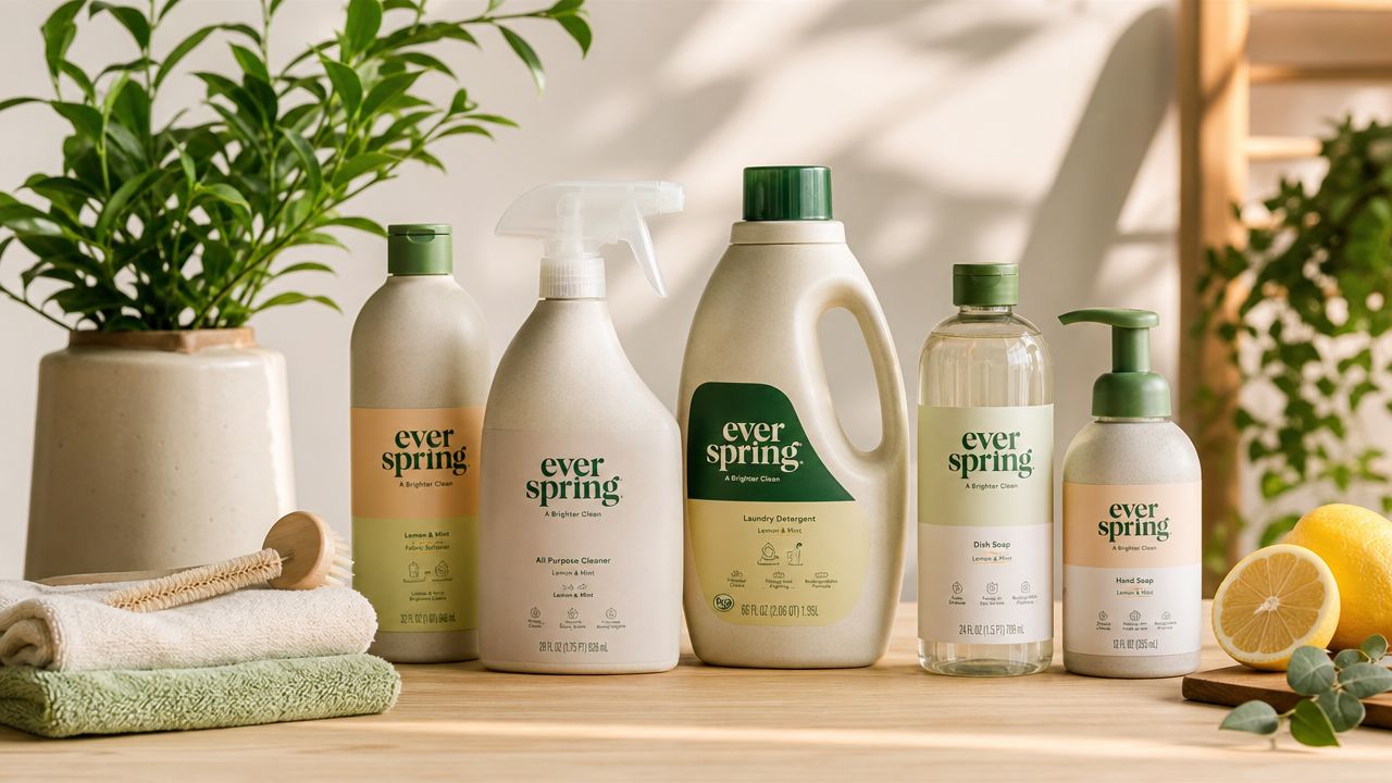 En række Ever Spring rengøringsprodukter med duft af citron og mynte på et træbord ved siden af planter.