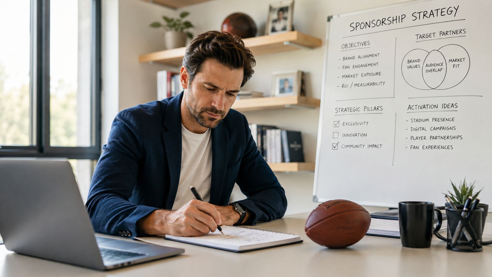 En forretningsmand, der arbejder på en sponsorstrategi til et fodboldhold ved sit skrivebord med en whiteboard-plan.