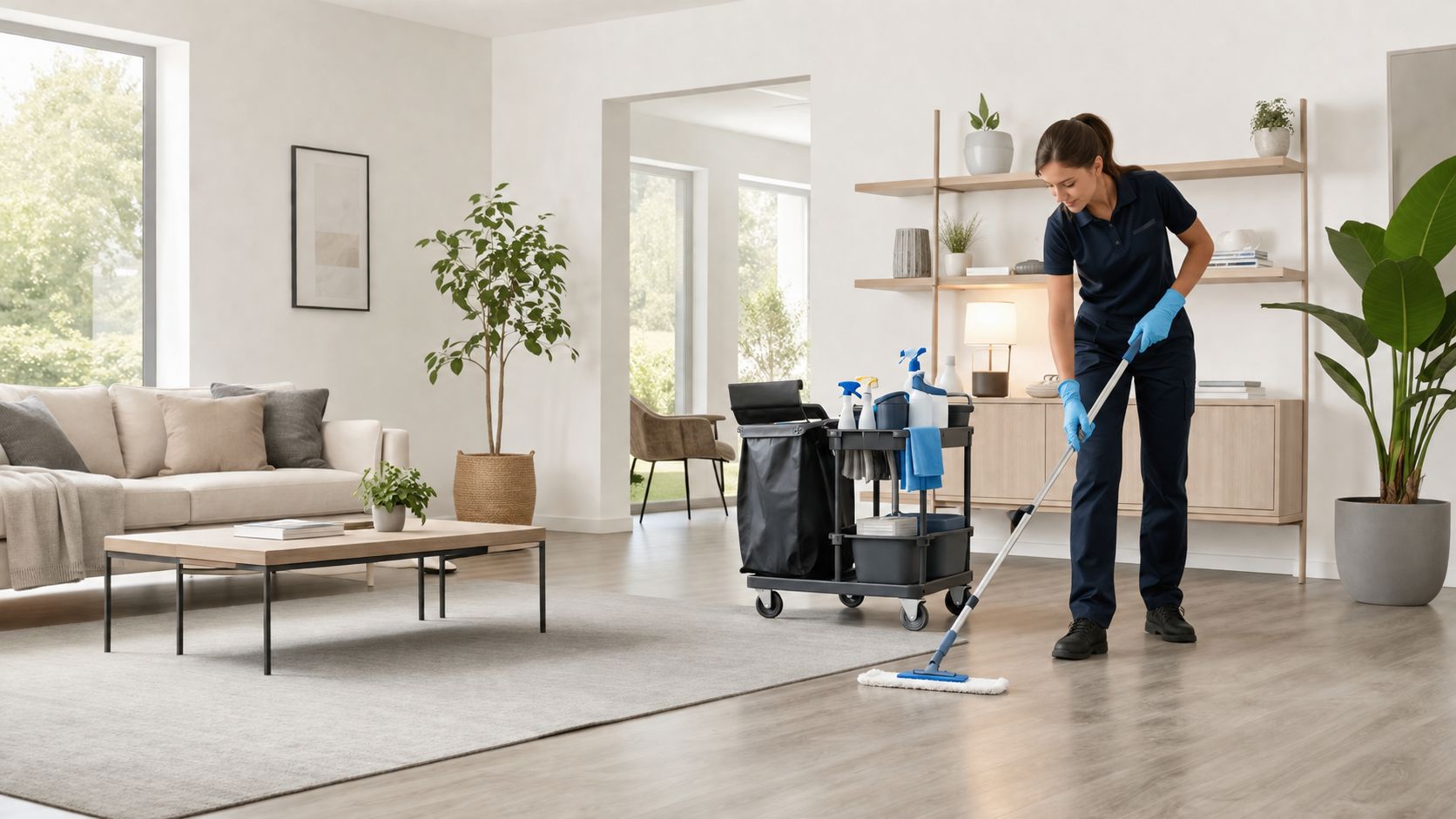 En professionel rengøringsassistent med en rengøringsvogn, der effektivt mopper gulvet i en moderne, lys og stilfuld stue.