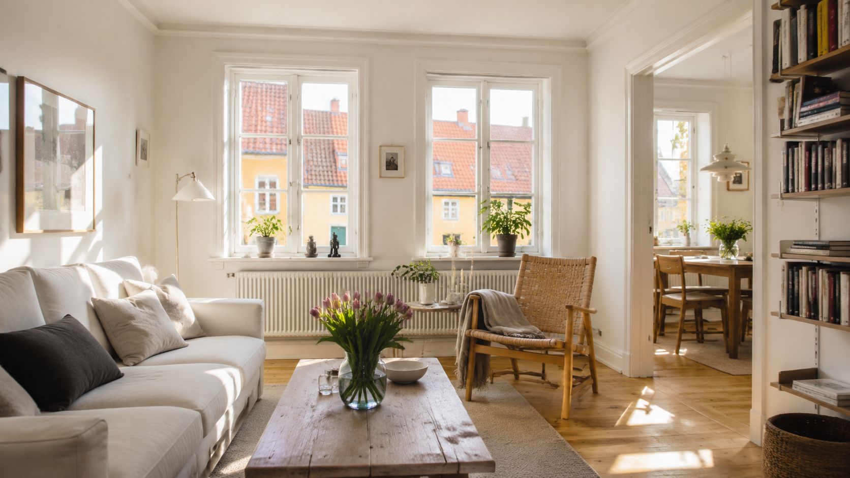 En hyggelig, lys stue med hvid sofa, et træbord med tulipaner og et flettet lænestol foran vinduerne.