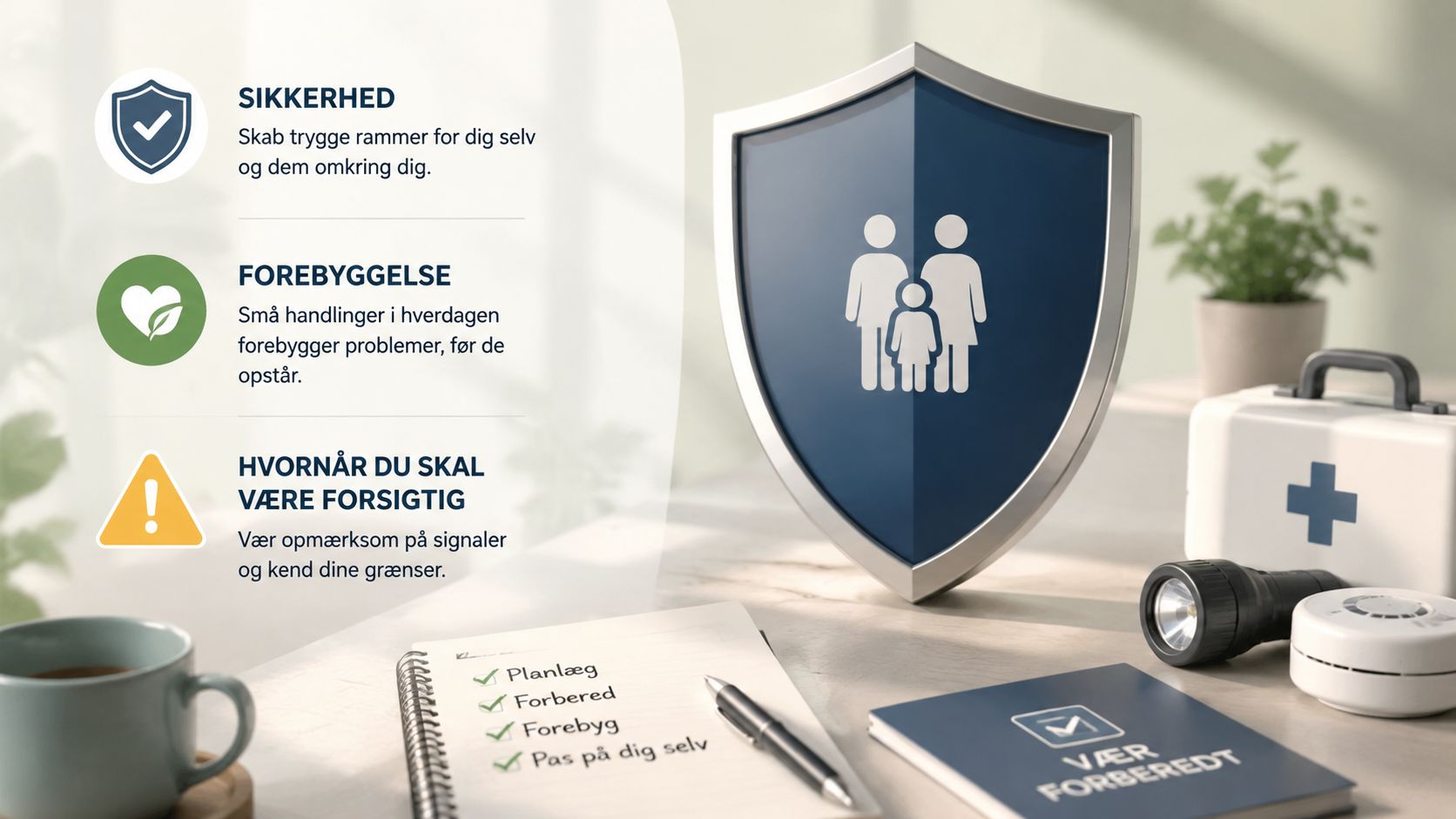 Sikkerheds- og beredskabsguide med ikoner, tjekliste og beskyttende skjold symboliserende tryghed og forebyggelse i hverdagen.