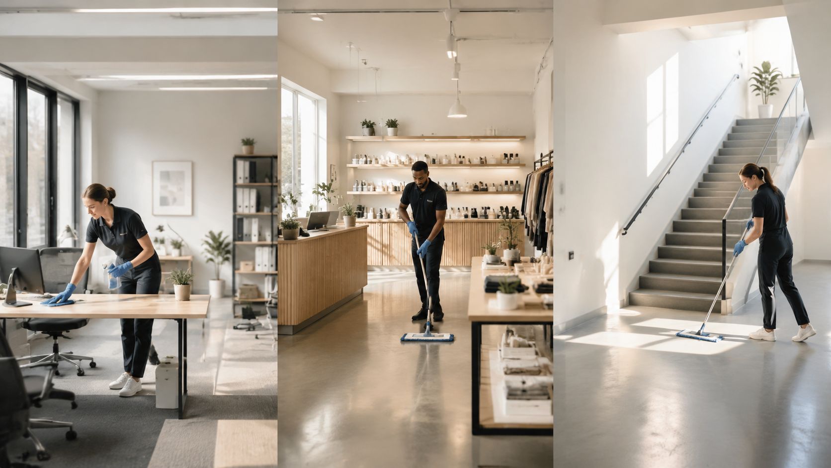 Professionelt rengøringspersonale udfører grundig erhvervsrengøring af kontorlokaler, butik og trappearealer i et lyst og moderne miljø.