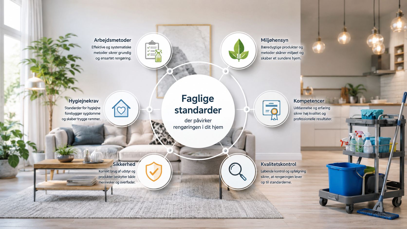 En infografik der viser seks faglige standarder for professionel rengøring i private hjem i en stue.