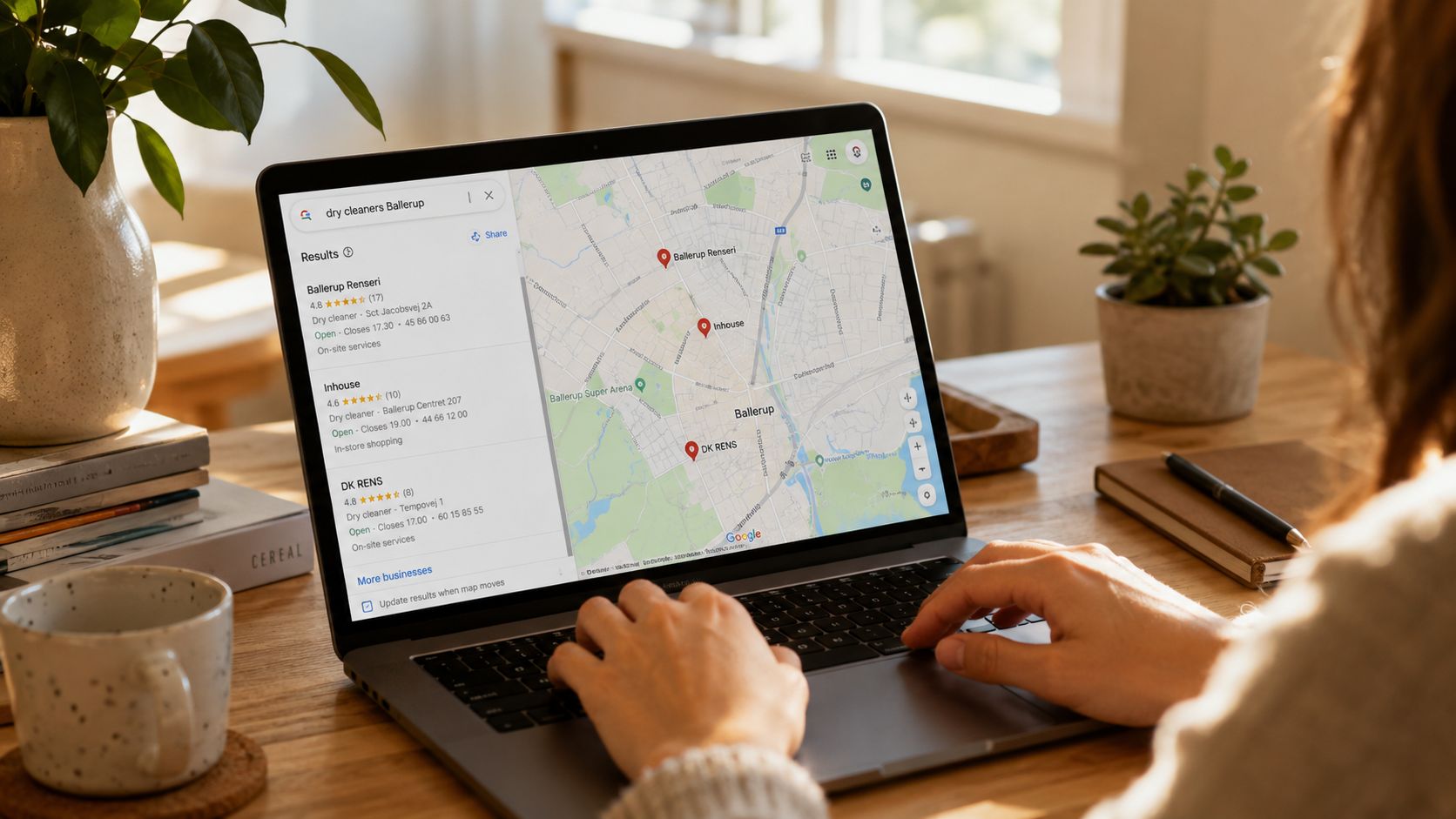 Person sidder ved en bærbar computer og søger efter renserier i Ballerup på Google Maps.