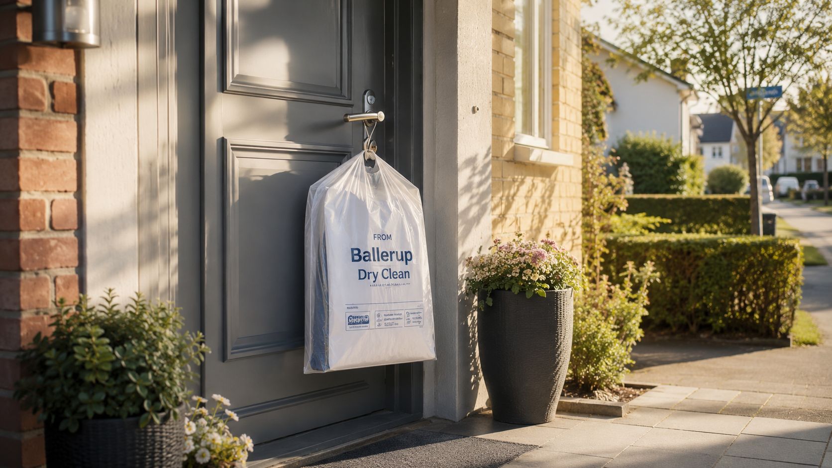 En pose fra Ballerup Dry Clean hænger på en dør ved et hus i forstadsmiljø.
