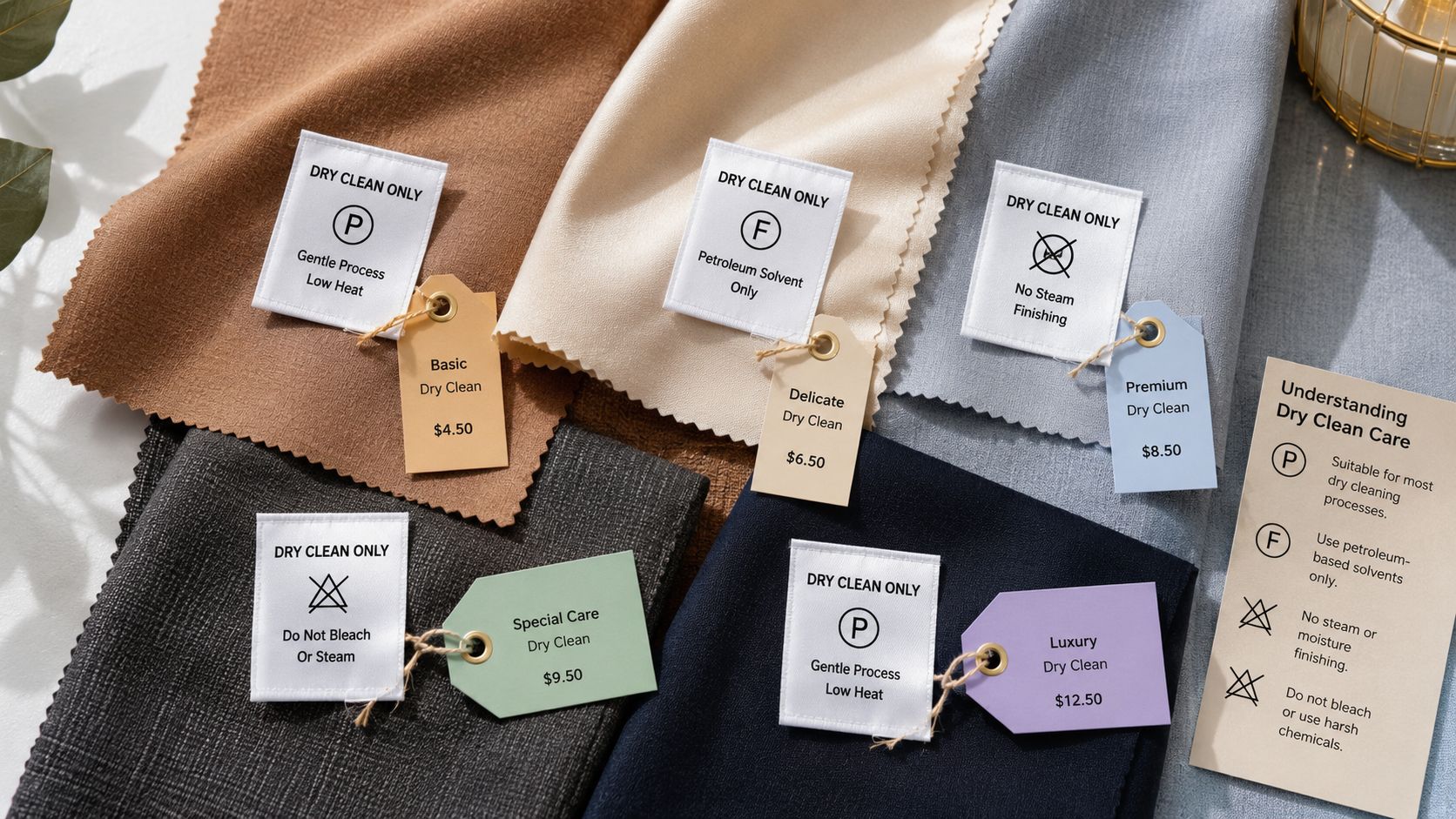 En samling af tekstilprøver med prisskilte og symboler for professionel tøjrensning til forskellige stoftyper