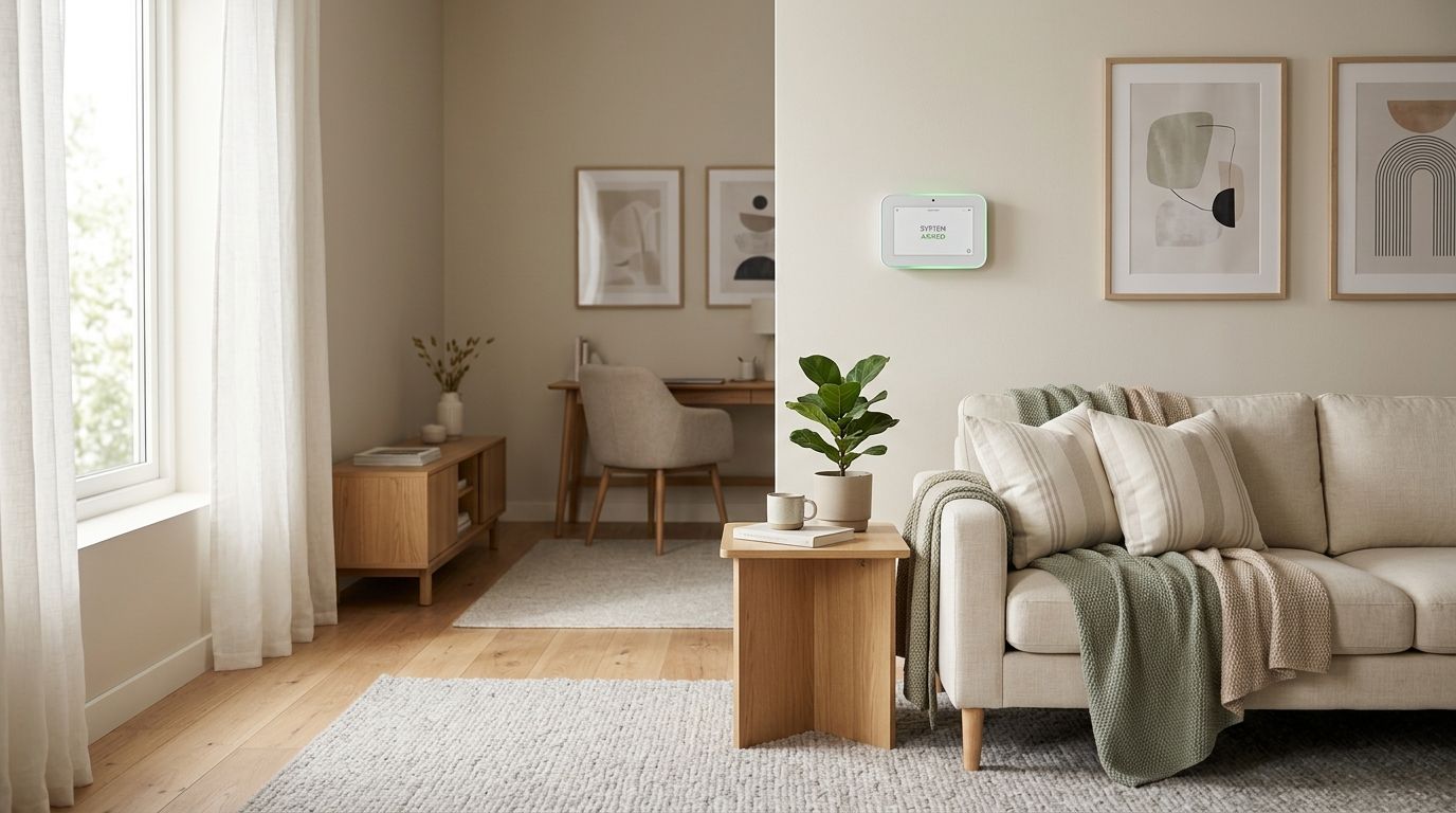 En hyggelig stue med en beige sofa, et lille træbord med en plante og et moderne sikkerhedspanel.