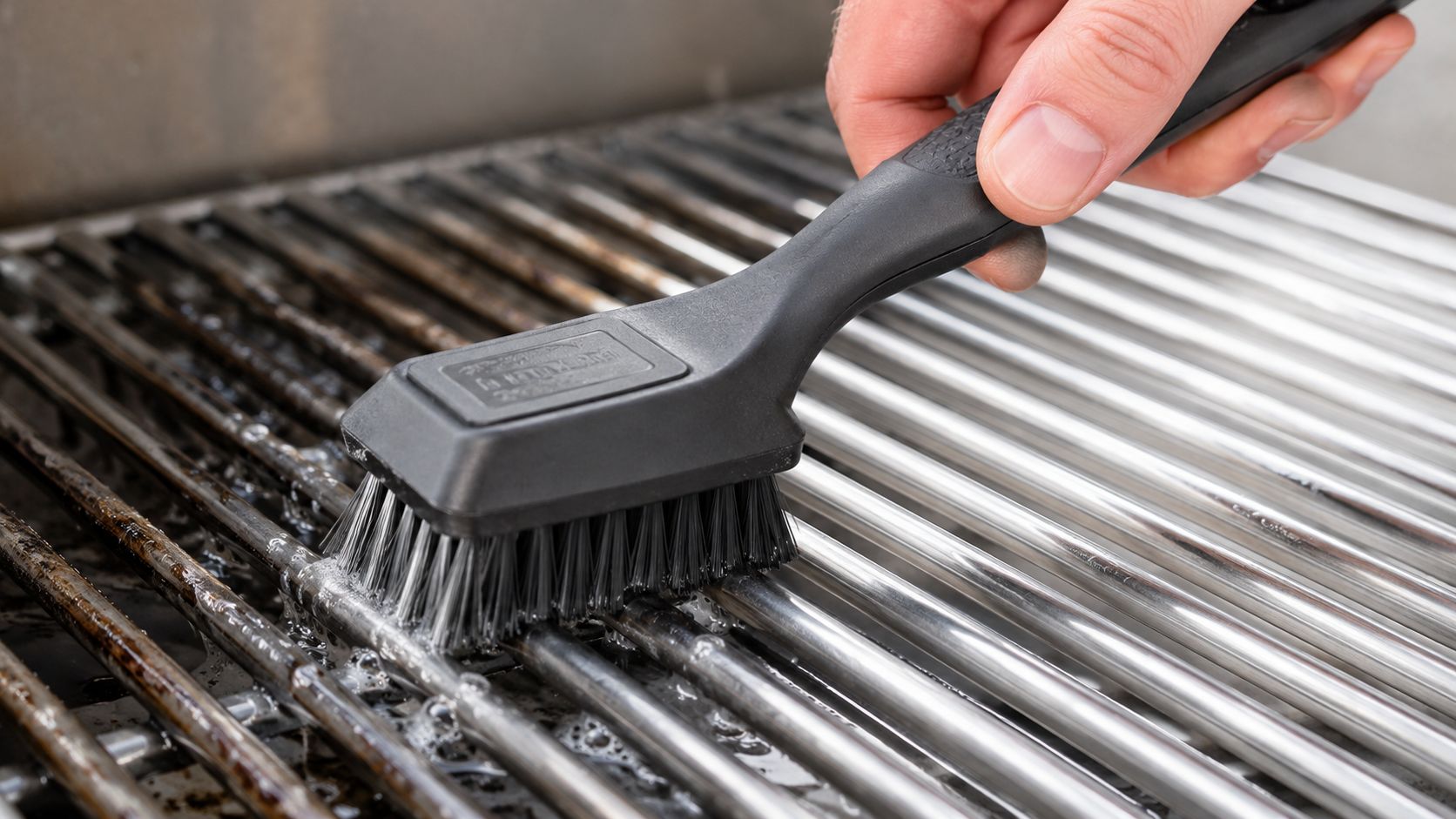 En hånd bruger en sort grillbørste til effektivt at skrubbe og rengøre en beskidt metalgrillrist grundigt.