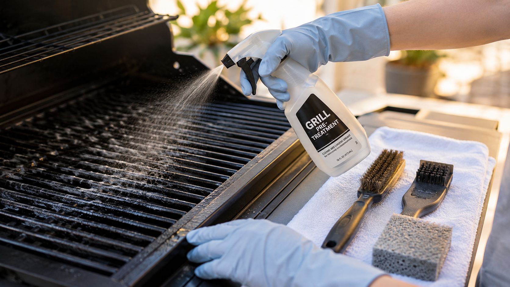 Person iført handsker sprøjter rengøringsmiddel på en beskidt grillrist med grillbørster og en svamp ved siden af.