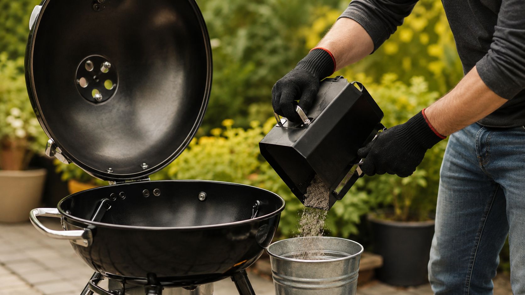 En person tømmer aske fra en grillstarter ned i en metalspand for at rengøre sin kulgrill.