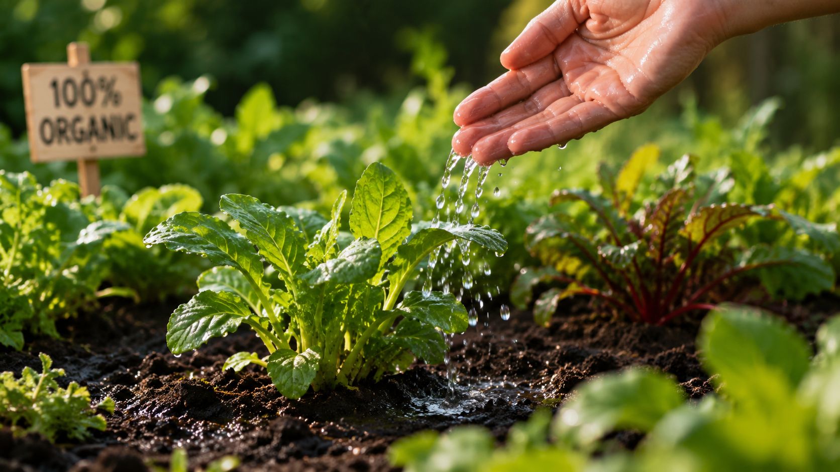 En hånd vander en lille grøn plante i en økologisk køkkenhave med jord og et skilt.