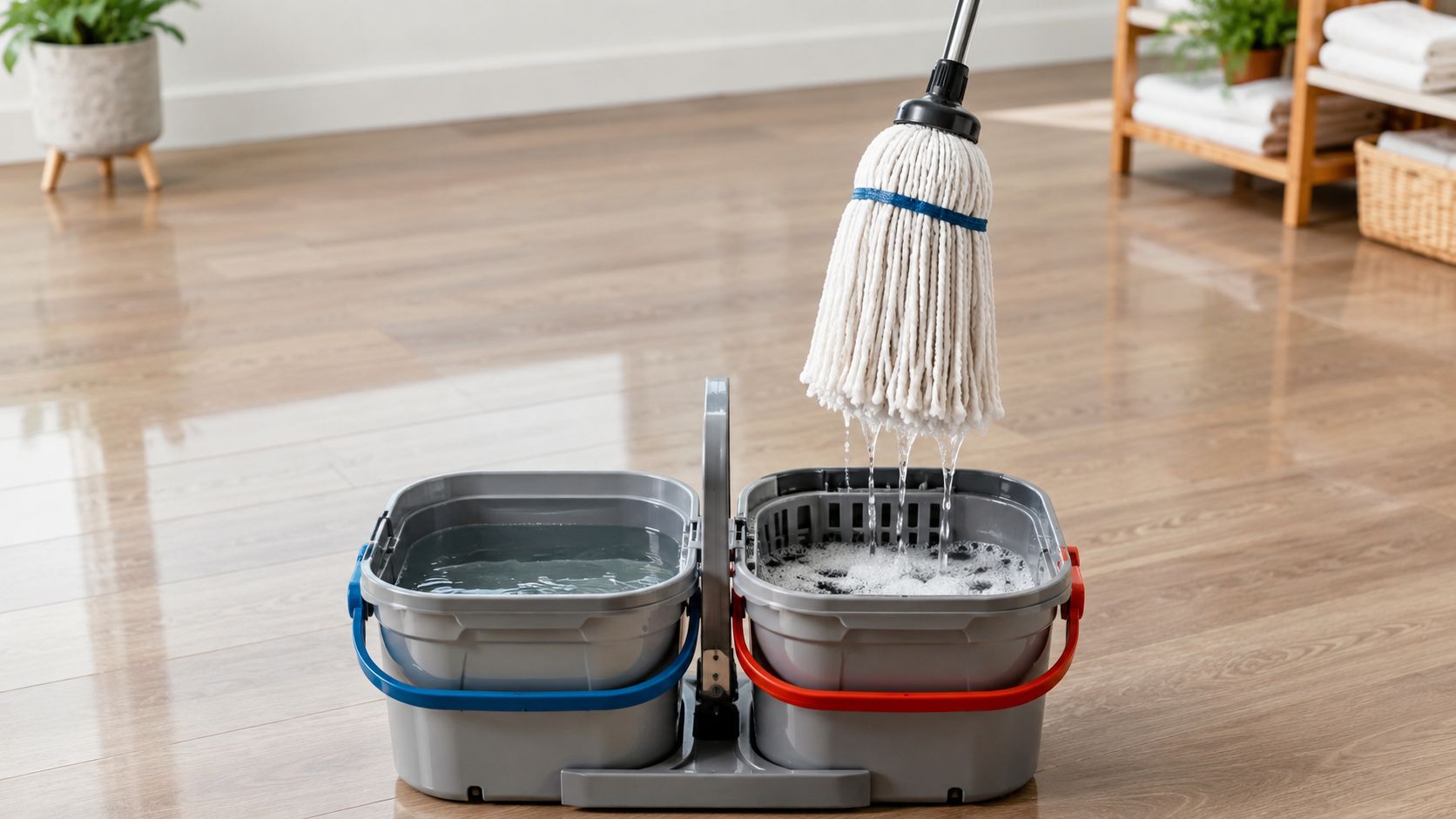 En spand med to rum til vask af laminatgulv og en moppe der drypper vand ned i den