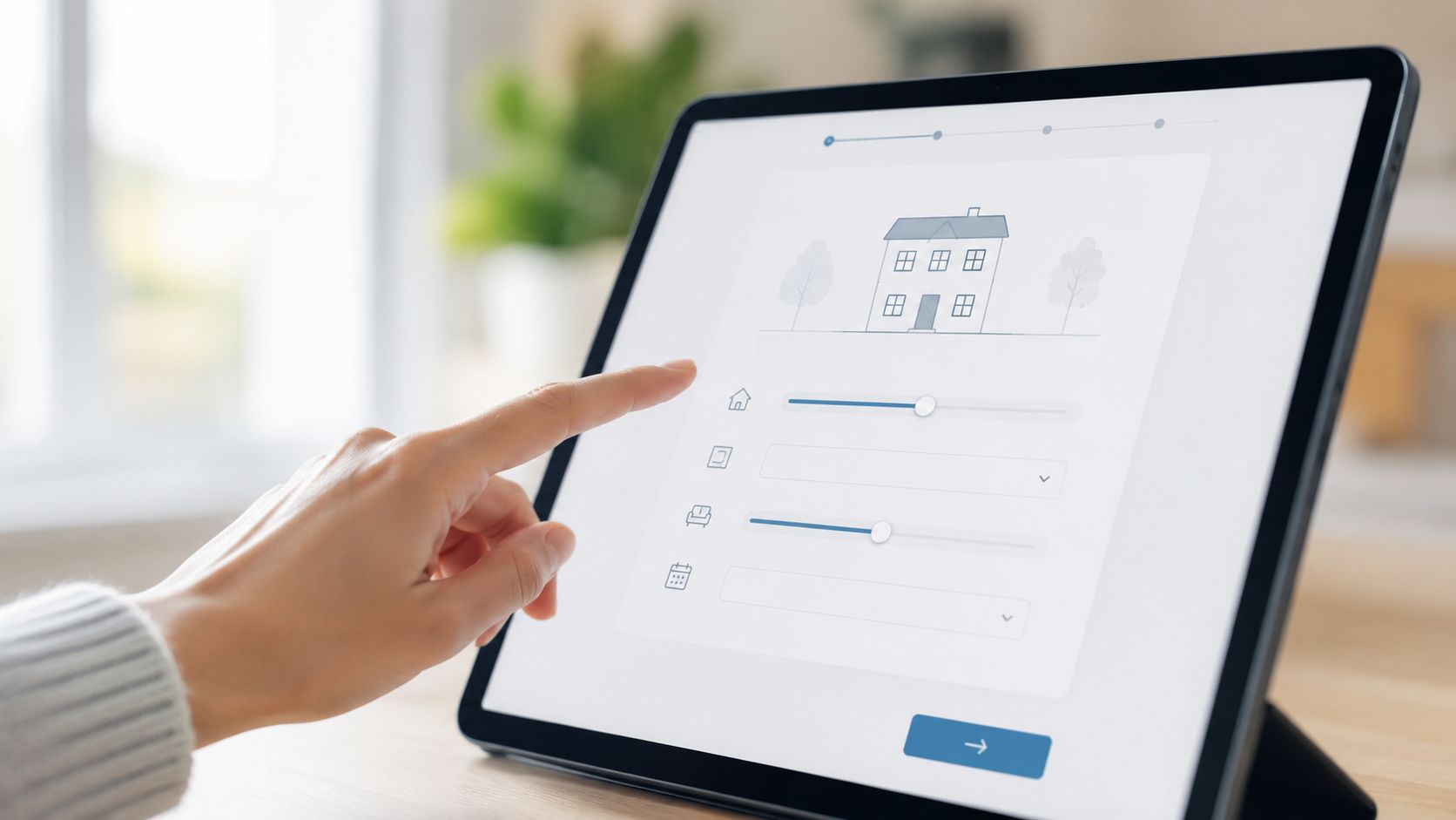 En person bruger en tablet til at indstille præferencer for boligrengøring i en brugervenlig digital applikation.