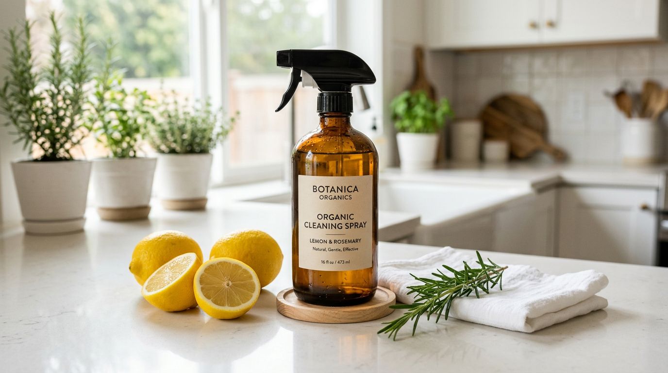 En ravfarvet sprayflaske med økologisk rengøringsmiddel, citroner og rosmarin på en køkkenbordplade i et lyst køkken.