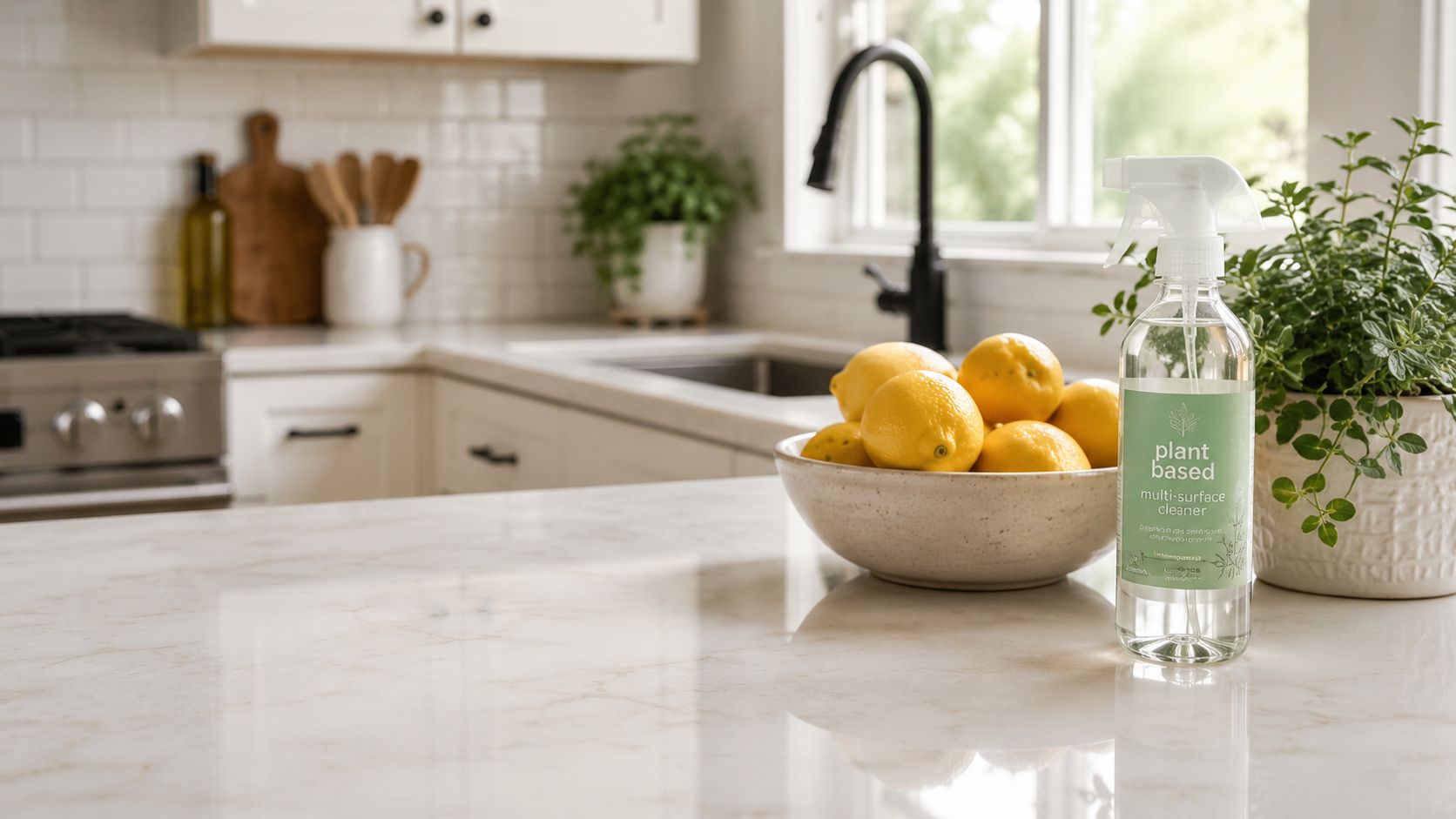 En flaske med økologisk rengøringsmiddel står på en køkkenbordplade ved siden af en skål med friske citroner.