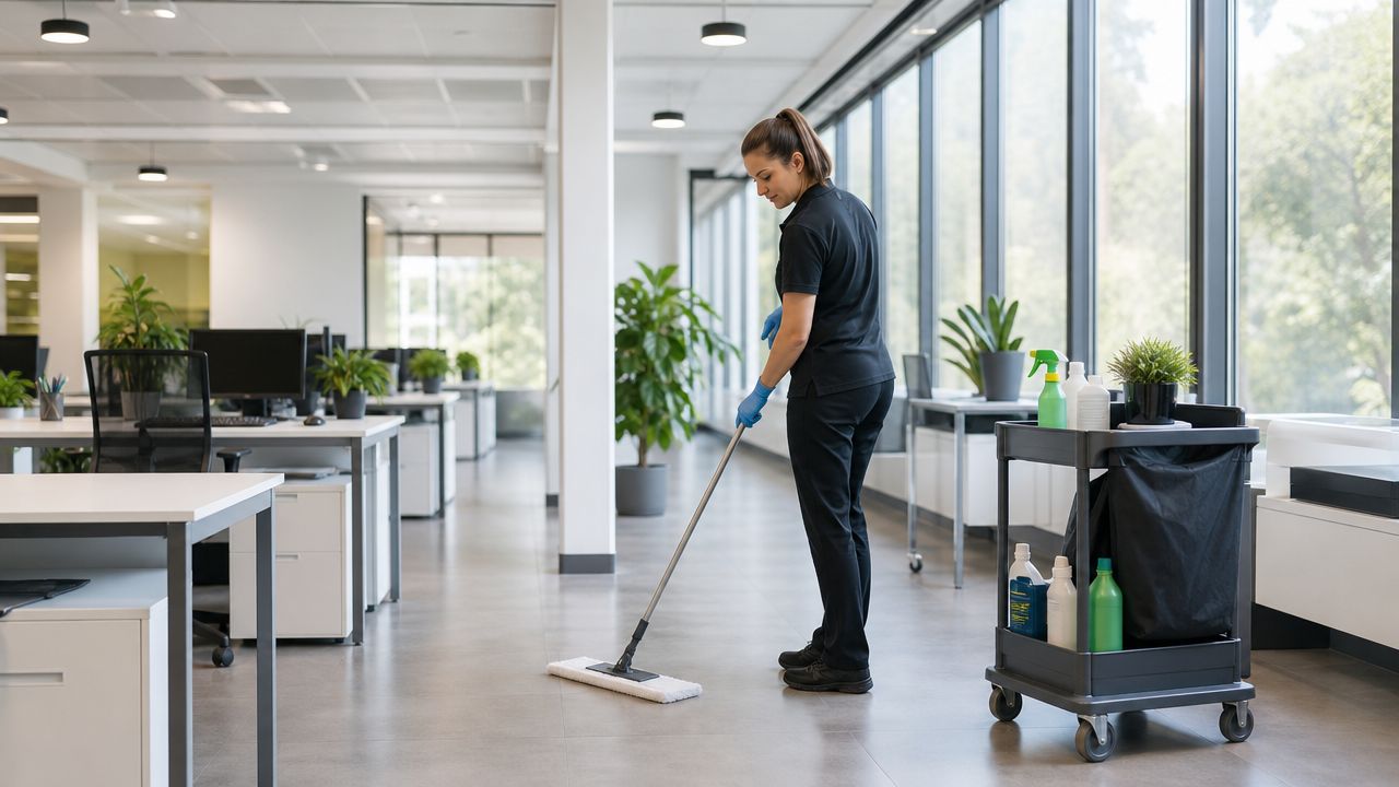 En professionel rengøringsassistent mopper gulvet på et moderne kontor for at sikre et rent arbejdsmiljø.