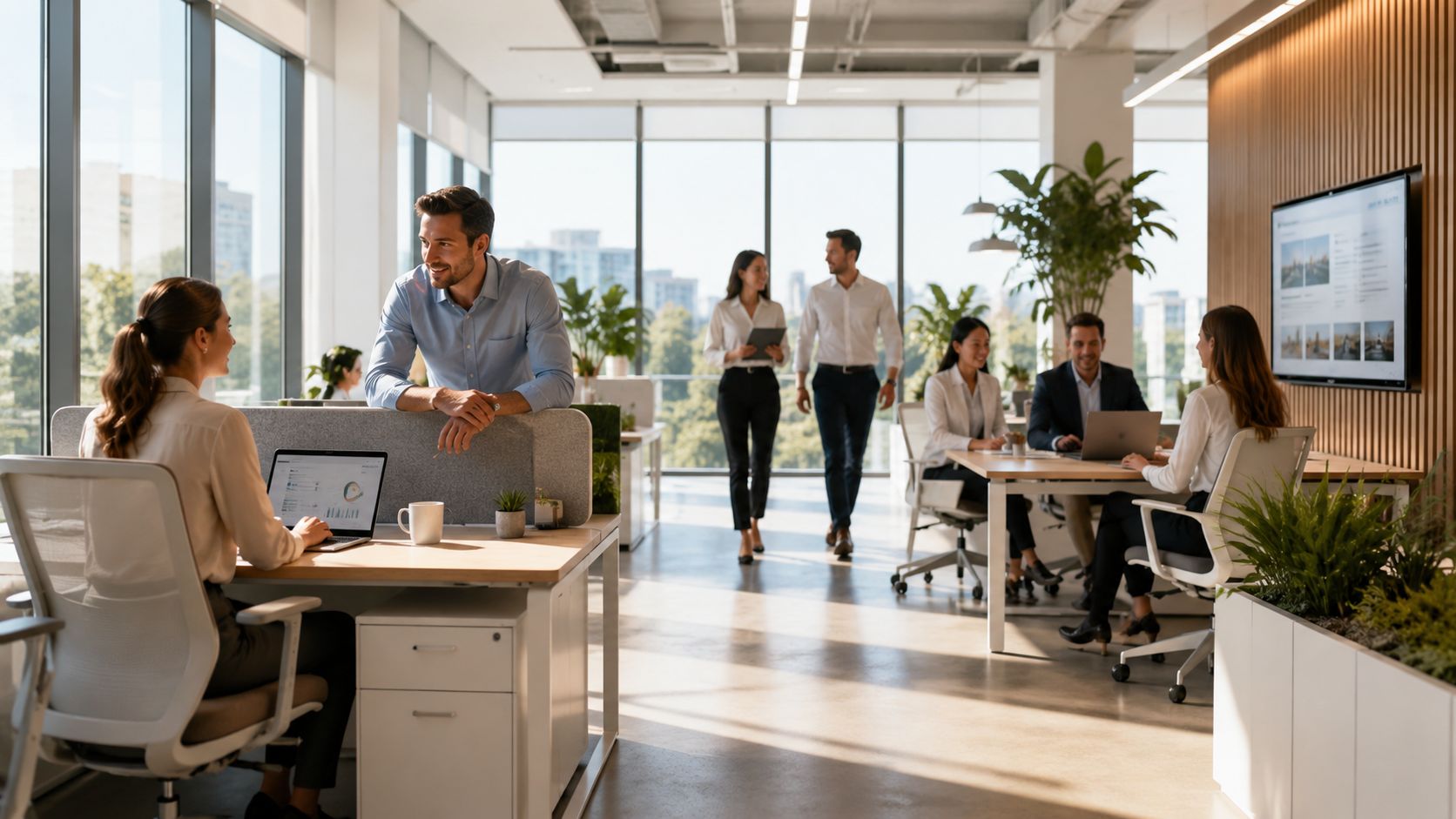 En moderne kontorarbejdsplads med professionelle medarbejdere, der samarbejder og arbejder ved deres skriveborde i et lyst kontormiljø.