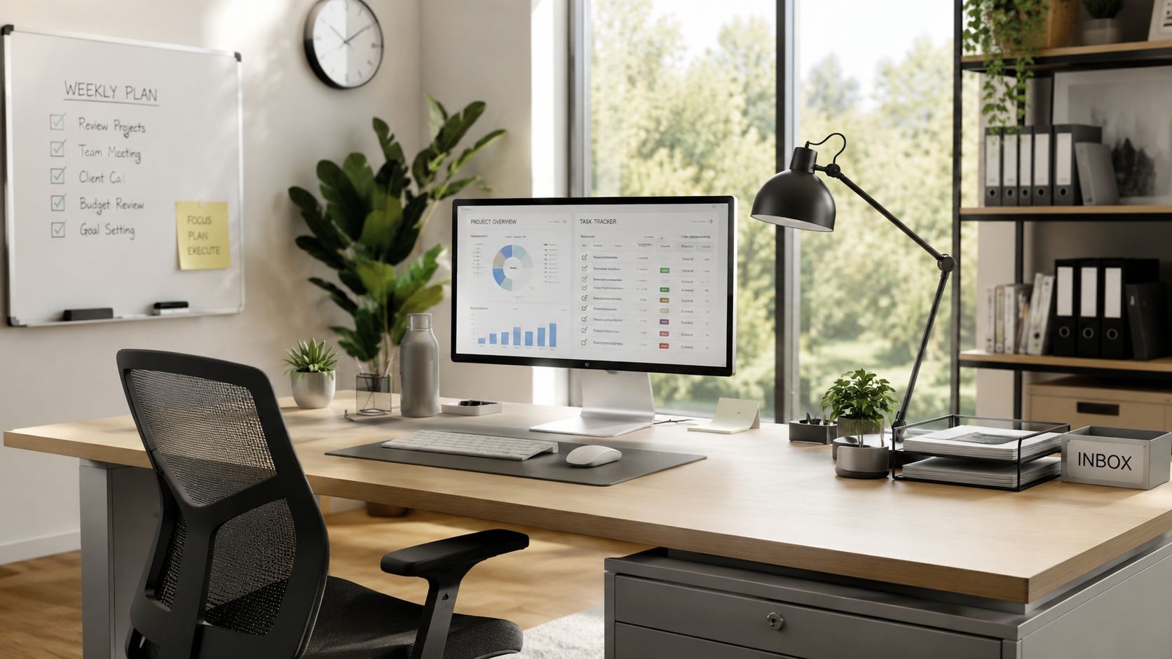 Et moderne kontor med skrivebord, computer, kontorartikler og en hvid tavle med ugentlige planer.