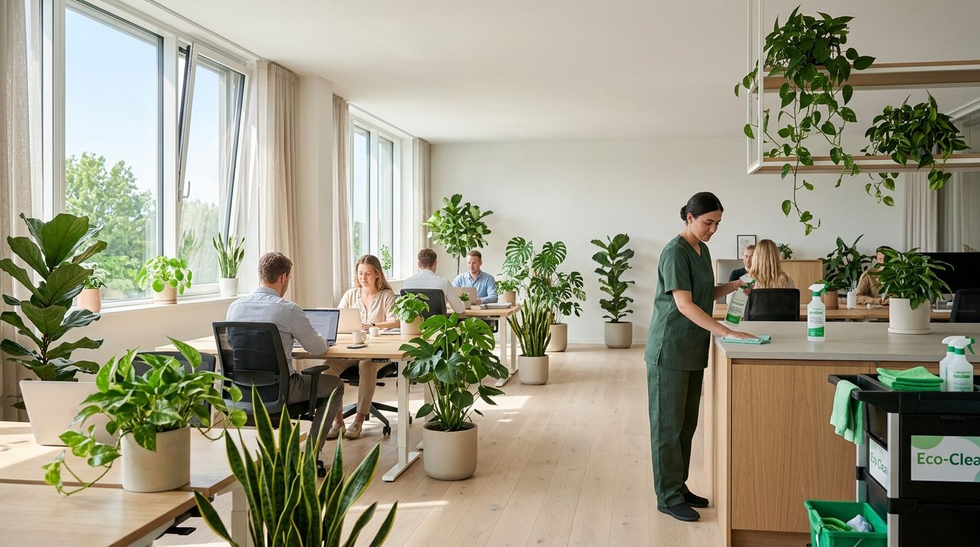 En dedikeret rengøringsassistent rengør professionelt et moderne kontormiljø fyldt med grønne planter og arbejdende medarbejdere.