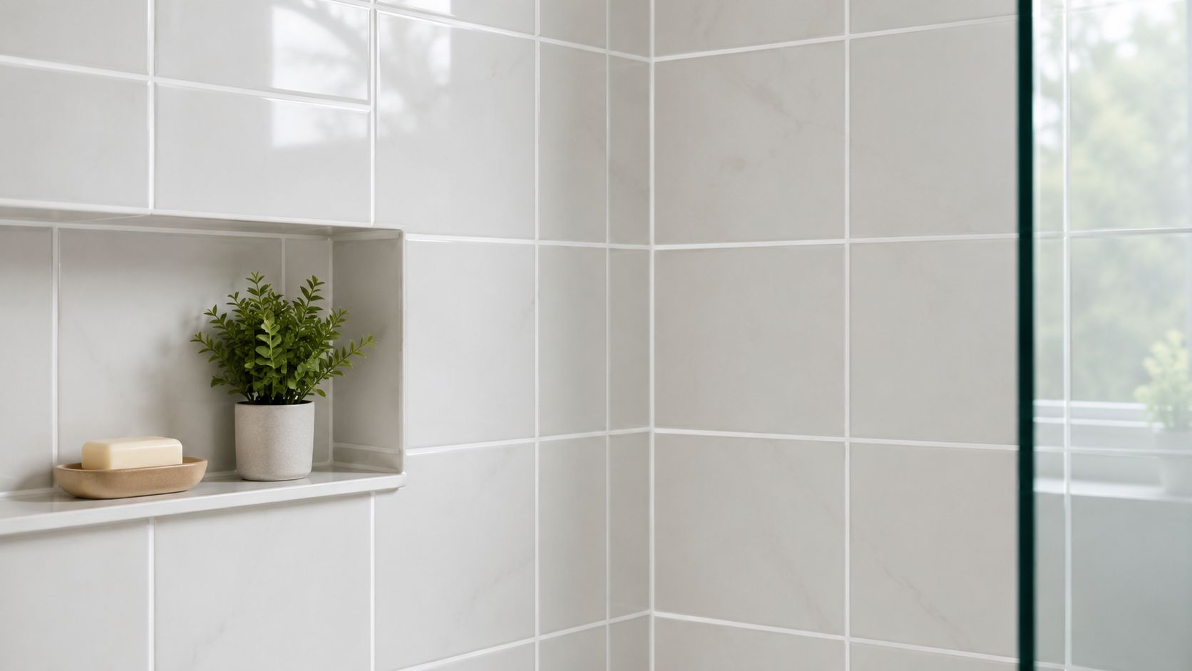 Moderne brusekabine med fliser, en indbygget niche med en grøn plante og en stykke sæbe.