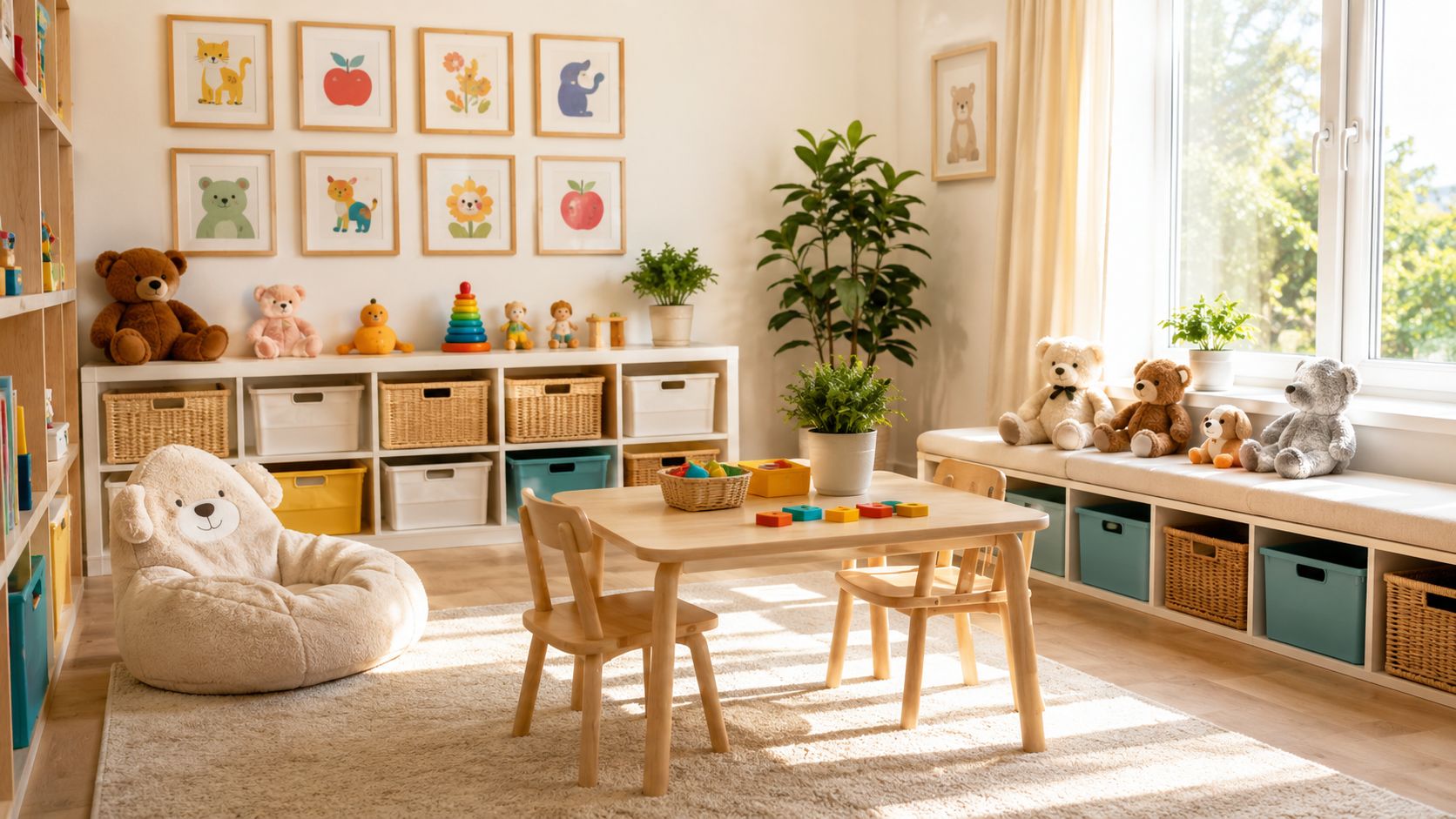Et hyggeligt og velorganiseret legerum til børn med legetøj, små stole, borde og bløde bamser.