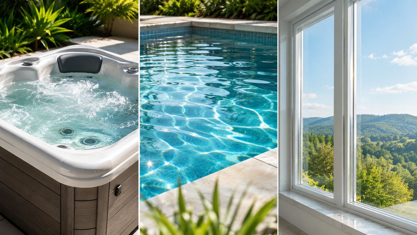 Luksuriøst sommerhus med udendørs spa, swimmingpool og en smuk udsigt over det grønne landskab gennem vinduet.