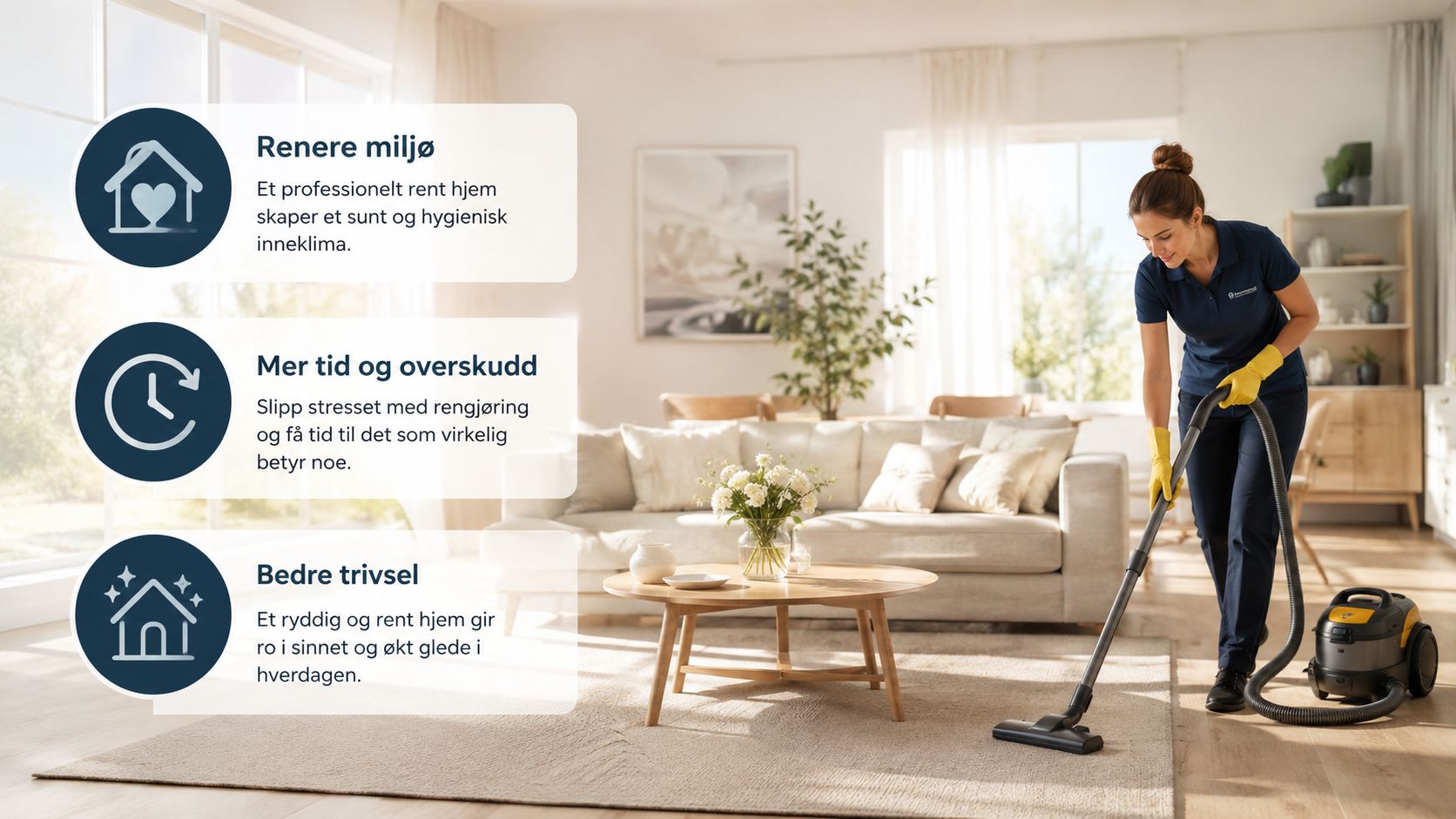 En professionel rengøringsassistent støvsuger et lyst og moderne stuemiljø med fokus på renlighed og velvære.