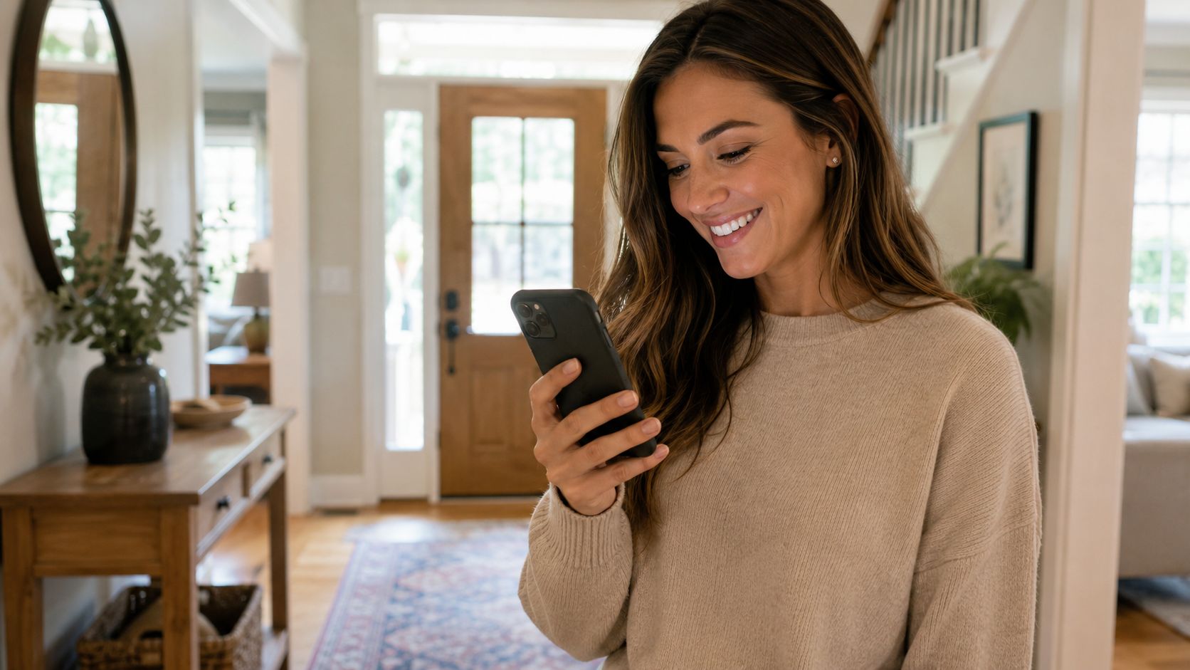 En smilende kvinde i en beige sweater ser glad på sin smartphone, mens hun står i en lys entré.