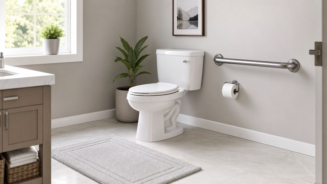 Et lyst og moderne badeværelse med et hvidt toilet, en håndvask og et praktisk støttegreb på væggen.