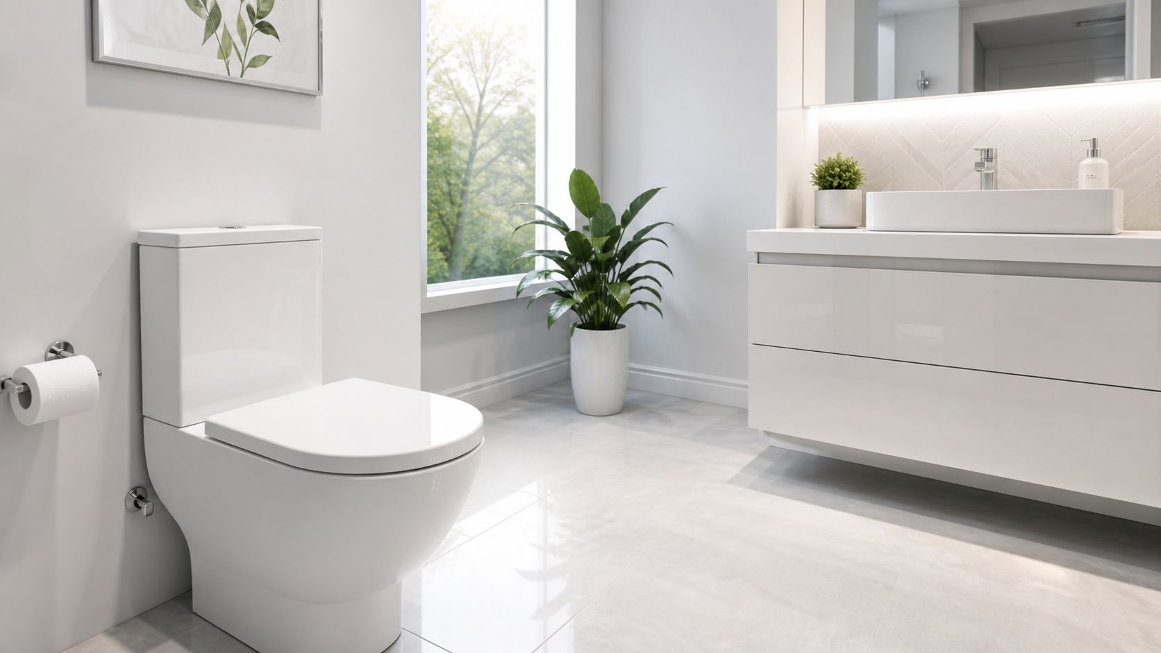 Et moderne, minimalistisk badeværelse med hvidt toilet, svævende underskab, håndvask og en stor plante ved vinduet.