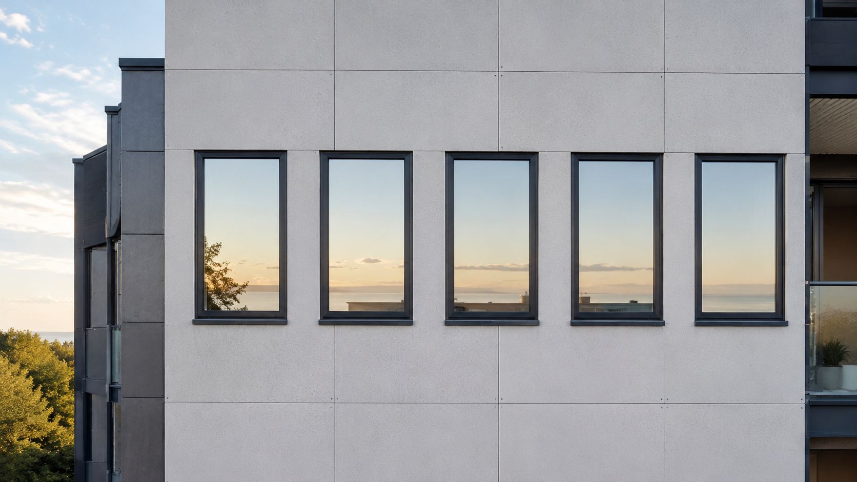 Moderne bygning med fem store vinduer, der reflekterer en smuk solnedgang over havet ved kysten.