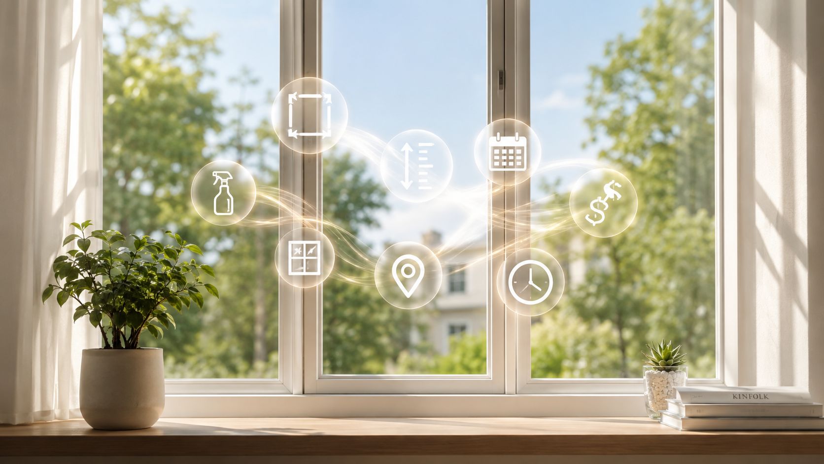 En solrig vindueskarm med en plante og digitale ikoner, der illustrerer en professionel service til vinduespudsning.