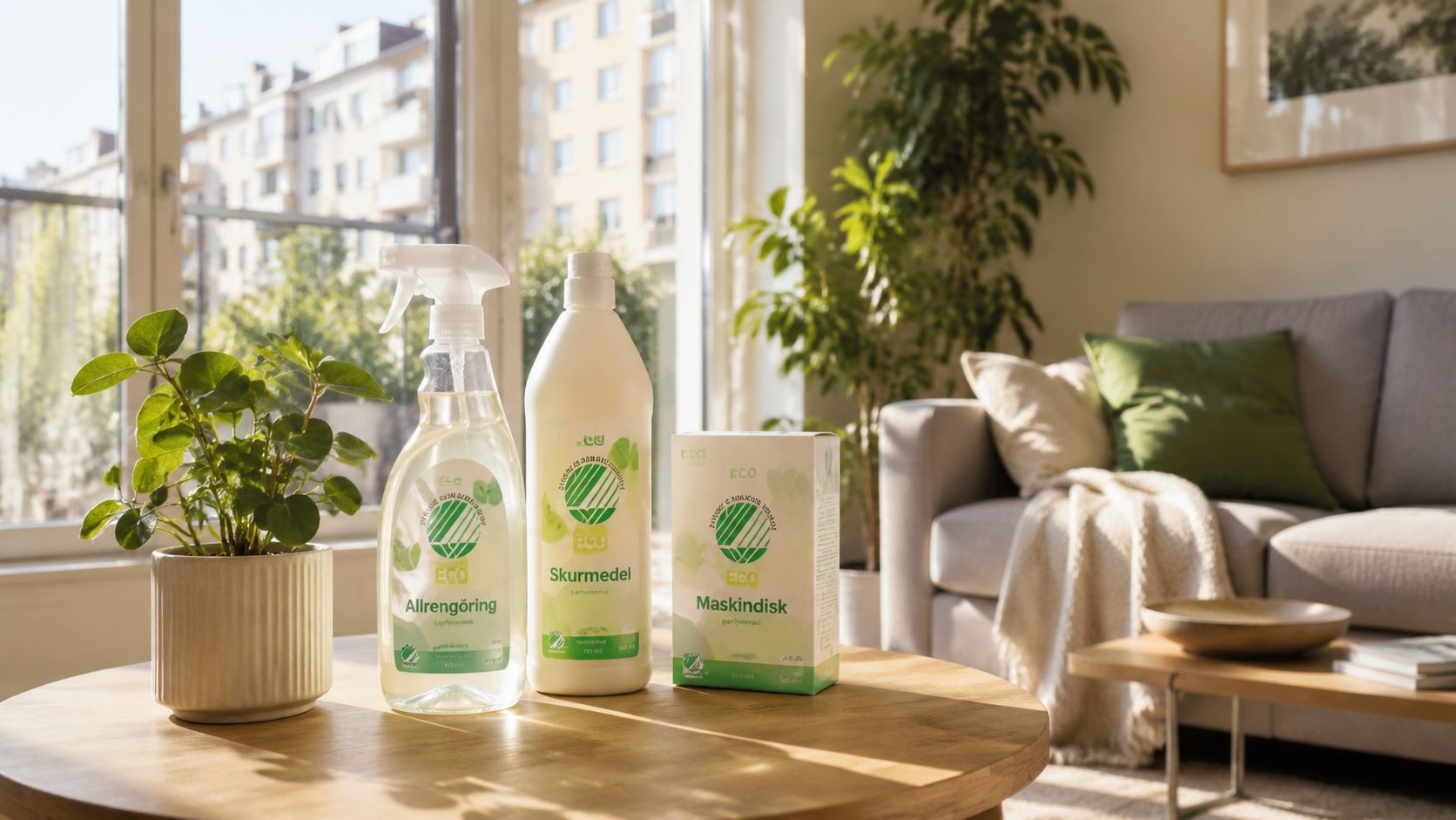 Tre miljøvenlige rengøringsprodukter fra Eco placeret på et træbord i en lys og hyggelig stue.