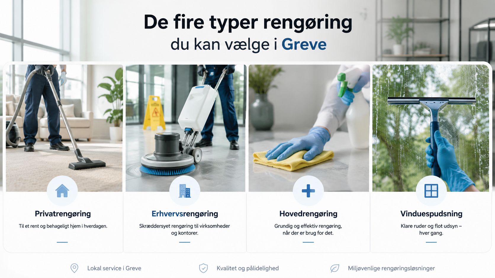 Oversigt over fire forskellige rengøringstyper i Greve, inklusiv privat- og erhvervsrengøring, hovedrengøring samt vinduespudsning til private og virksomheder.