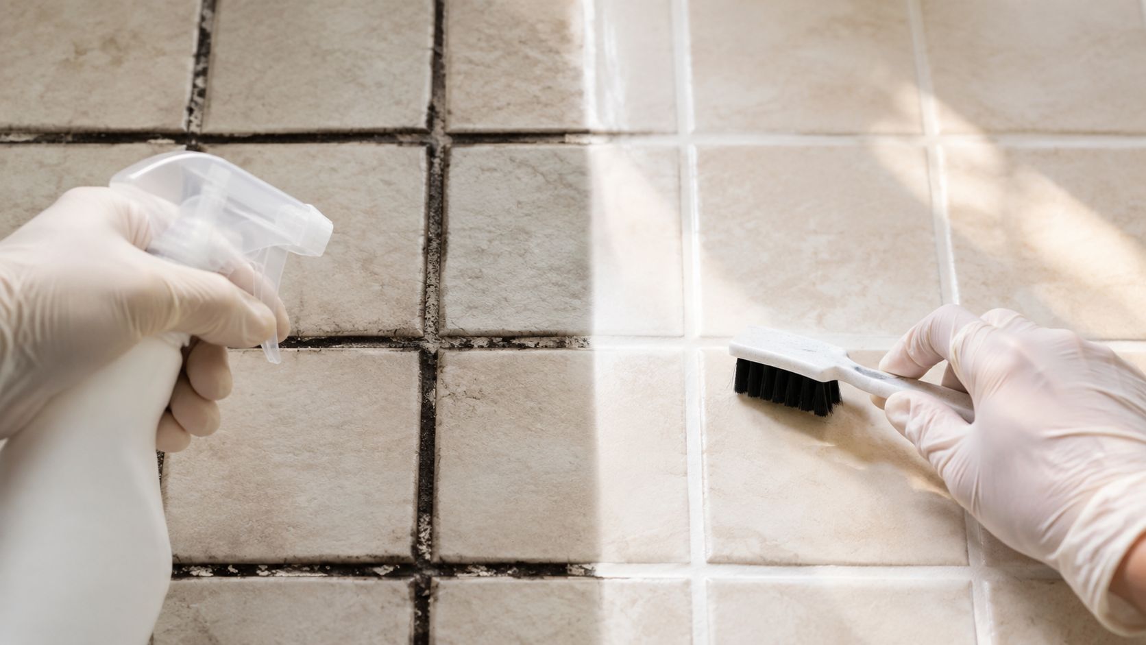 En person med handsker renser beskidte flisefuger med en sprayflaske og en lille skurebørste i et badeværelse.