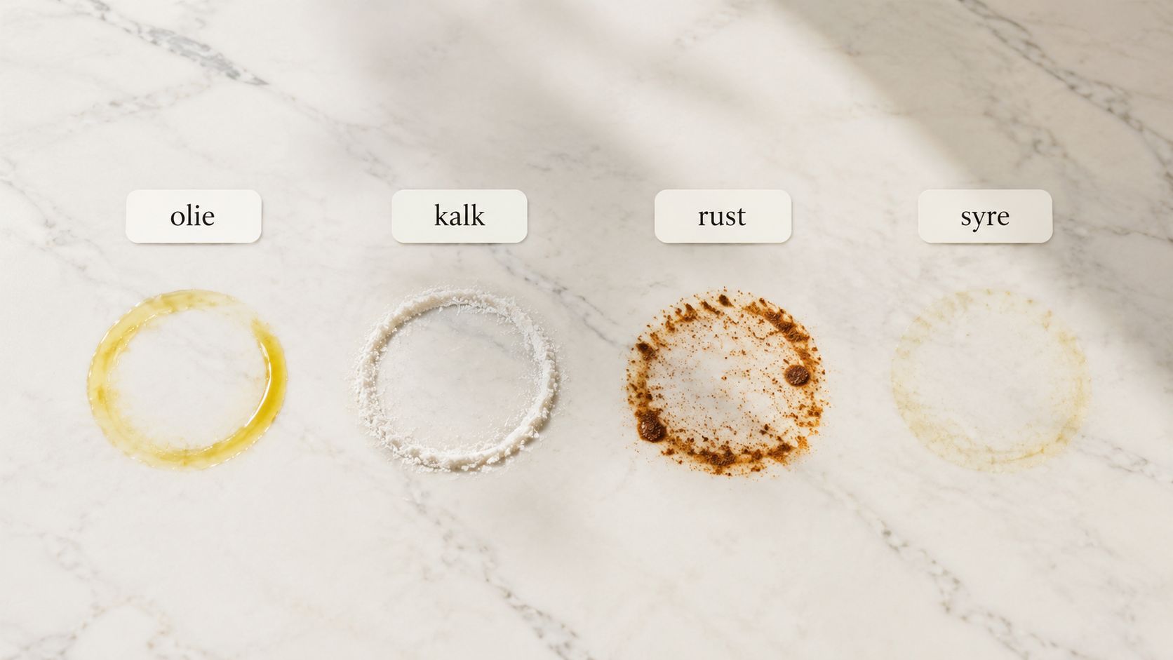 Fire cirkulære pletter på en marmoroverflade repræsenterer skader fra olie, kalk, rust og syre ved rengøring af marmor.