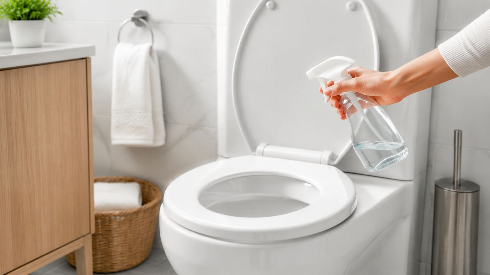 En hånd sprayer rengøringsmiddel på et hvidt toiletbassin i et moderne badeværelse for at holde det rent.
