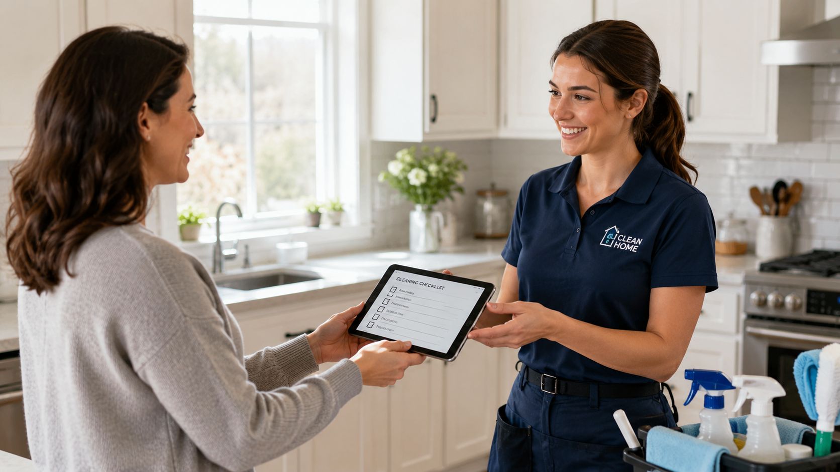 En glad rengøringsassistent viser en digital tjekliste på en tablet til en kvindelig kunde i et køkken.