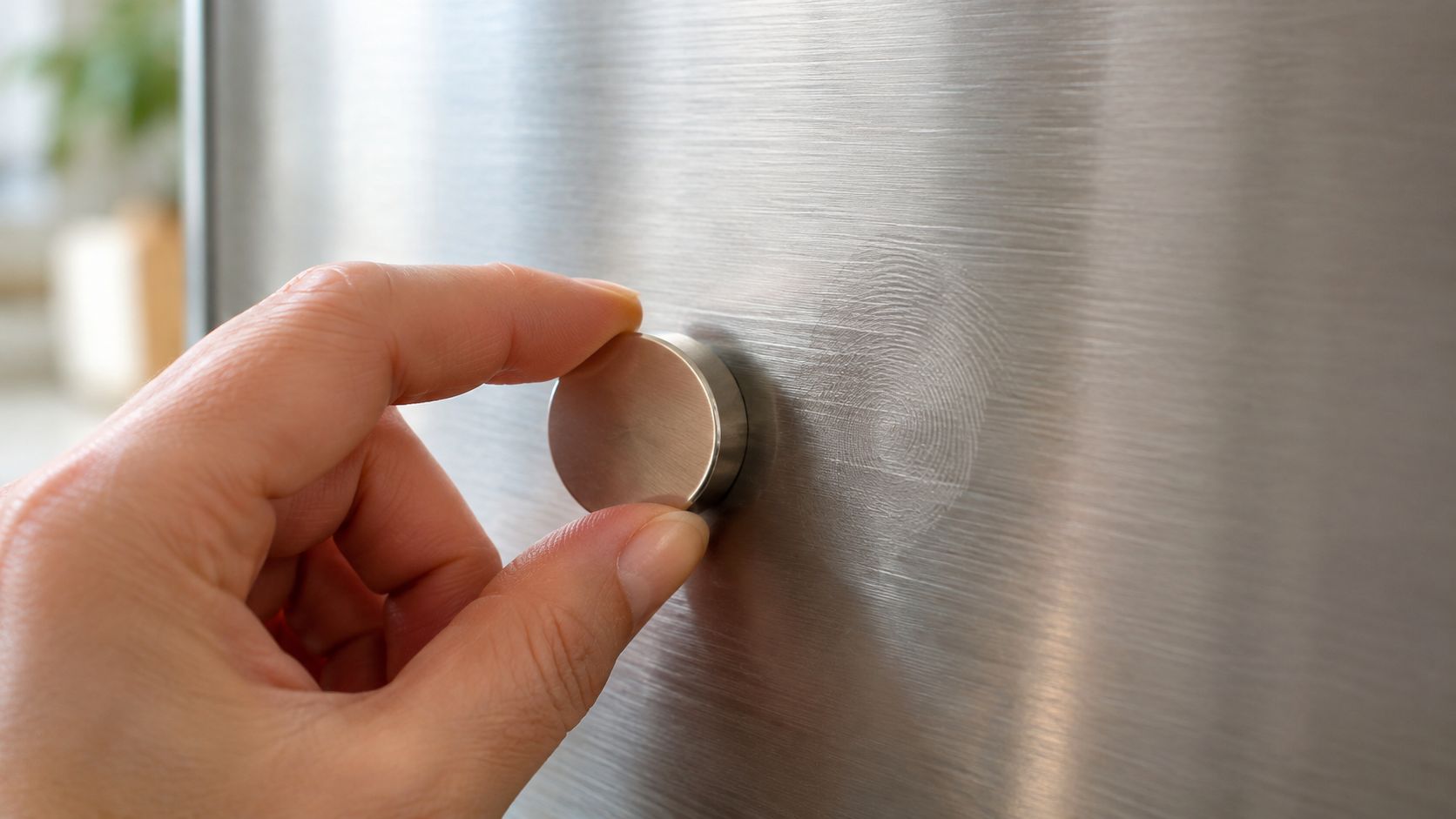 En hånd rører ved en fingerpeg på overfladen af et rustfrit stål køleskab med tydelige fingeraftryk.